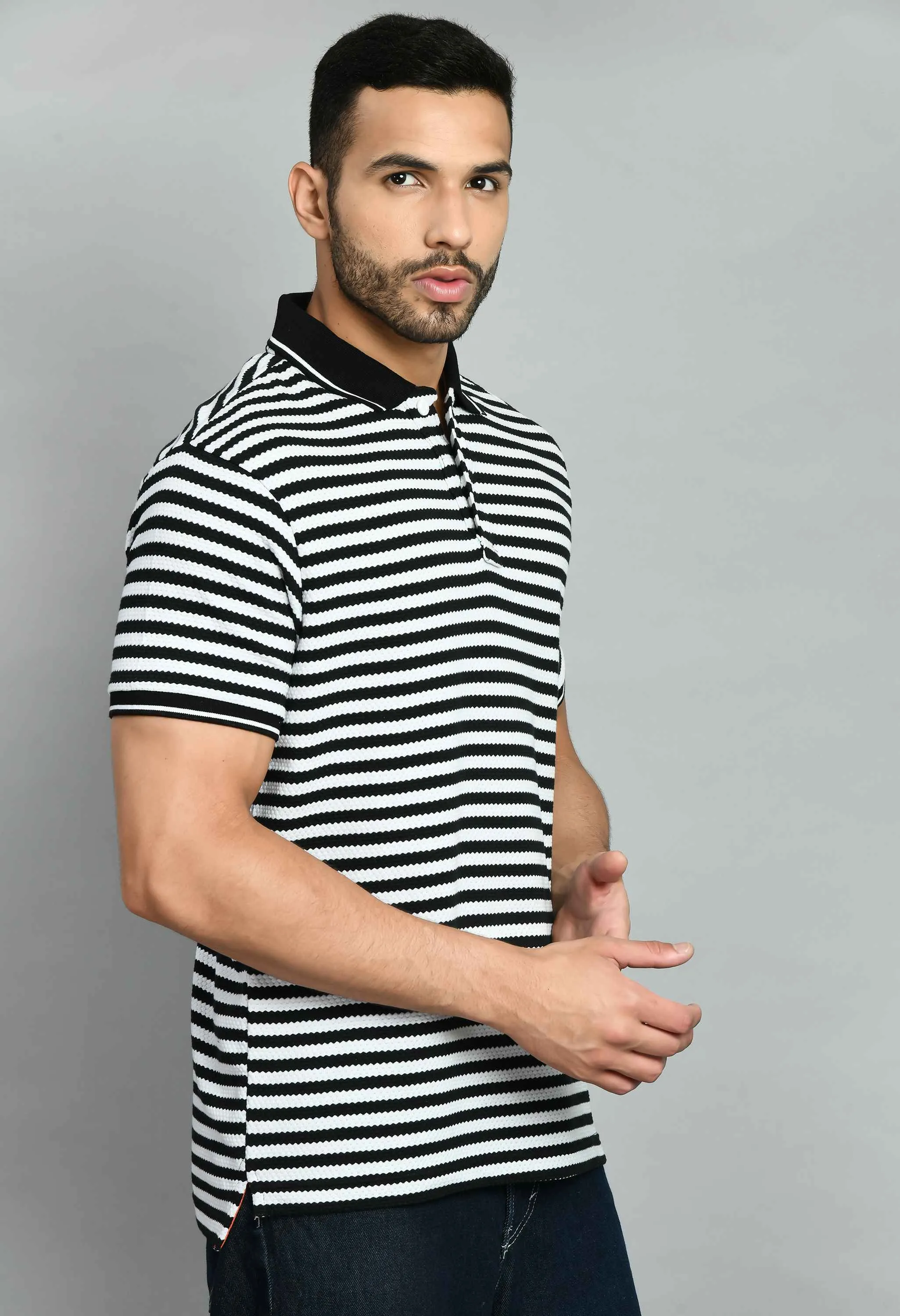 Men's Striped White Black Polo Tees