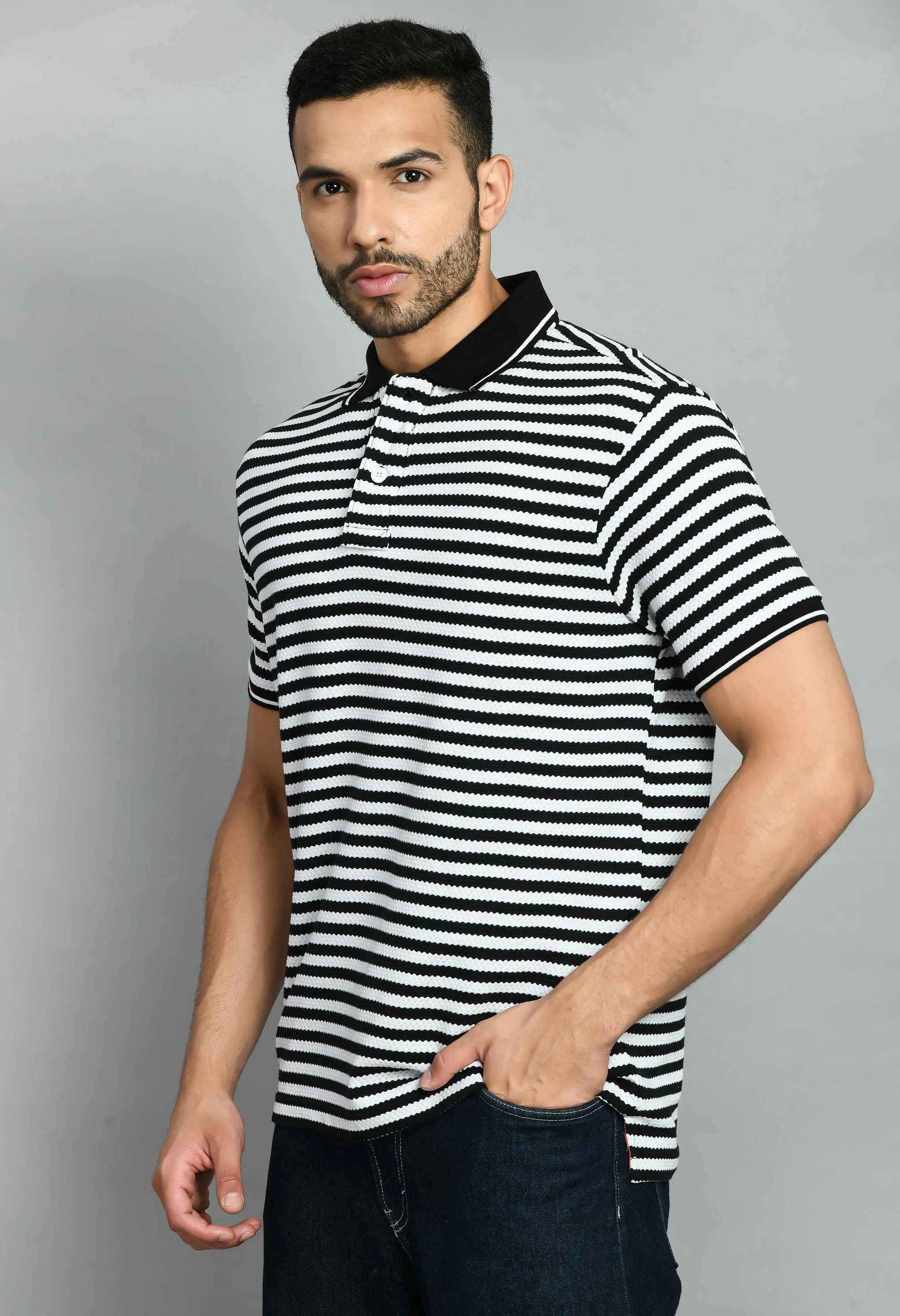 Men's Striped White Black Polo Tees