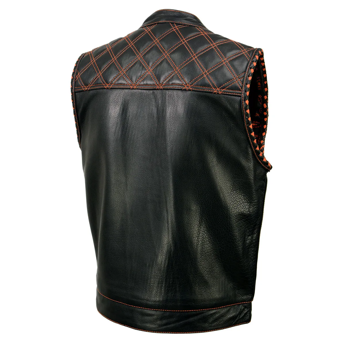 Milwaukee Leather MLM3527 Men's Black 'Paisley' Accented w/ Orange Stitching Leather Vest – / Armhole Trim