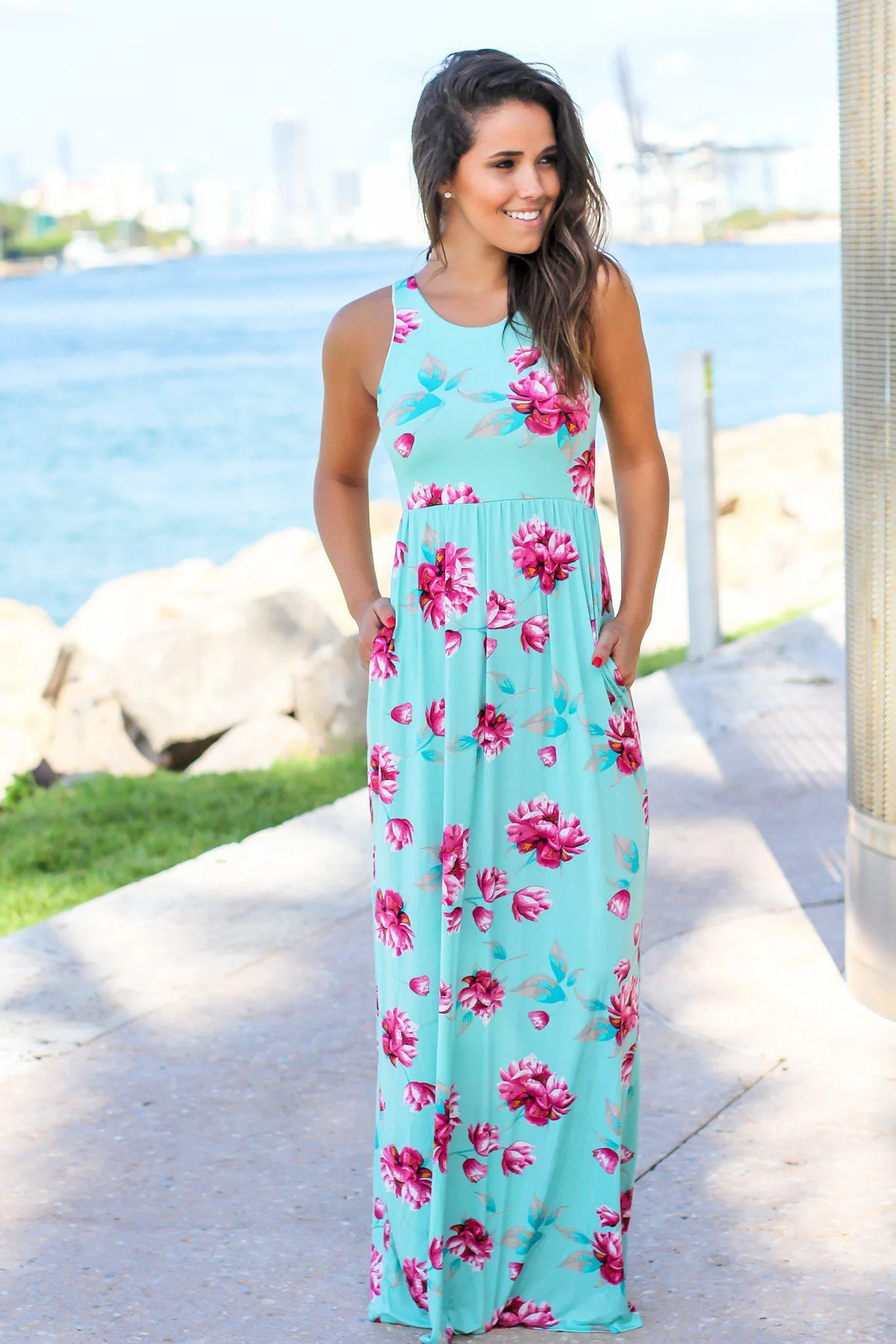 Mint and Pink Floral Maxi Dress with Pockets