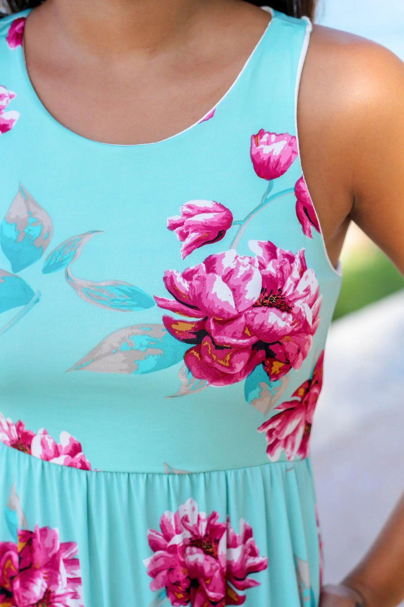 Mint and Pink Floral Maxi Dress with Pockets