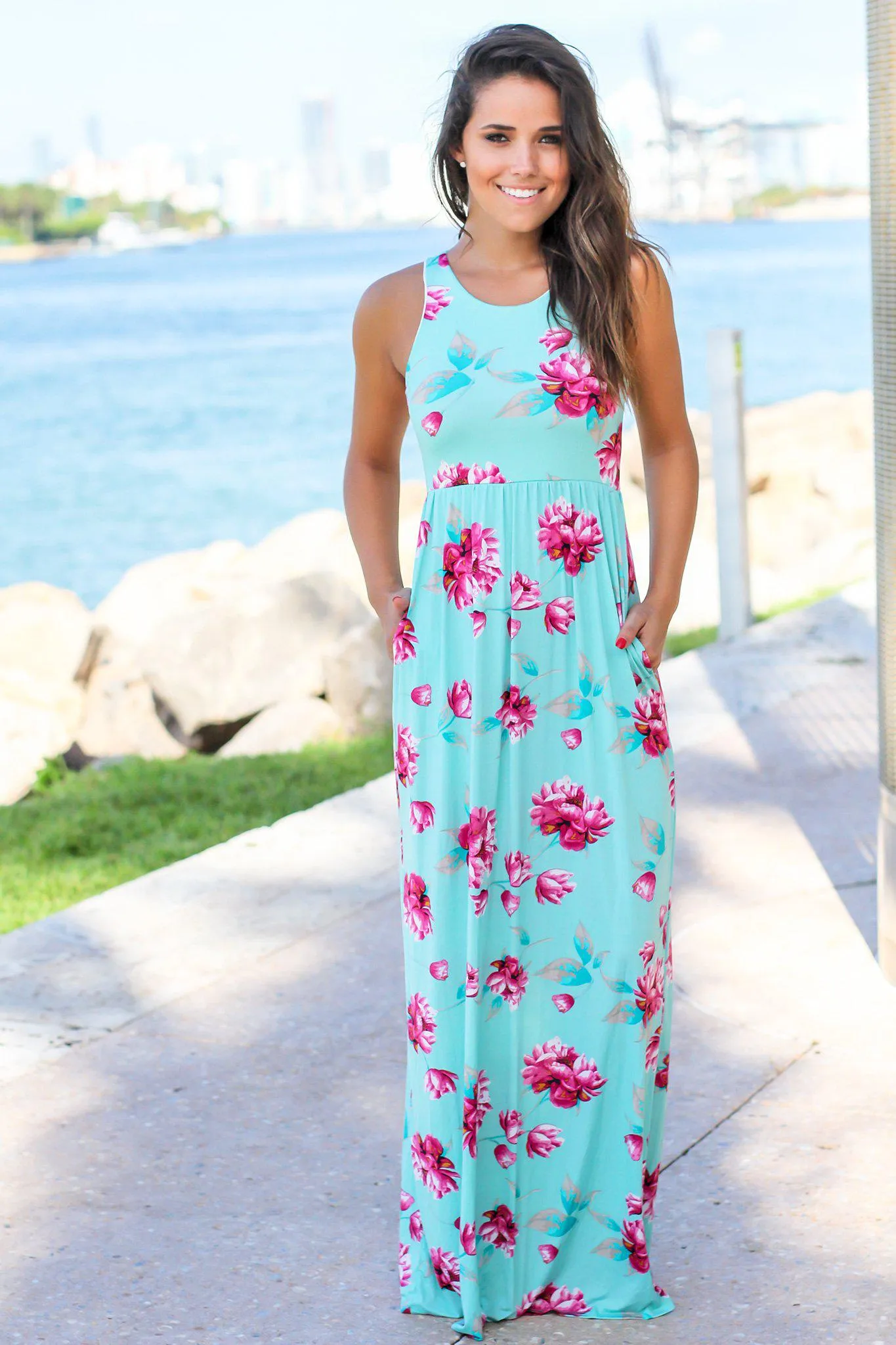 Mint and Pink Floral Maxi Dress with Pockets