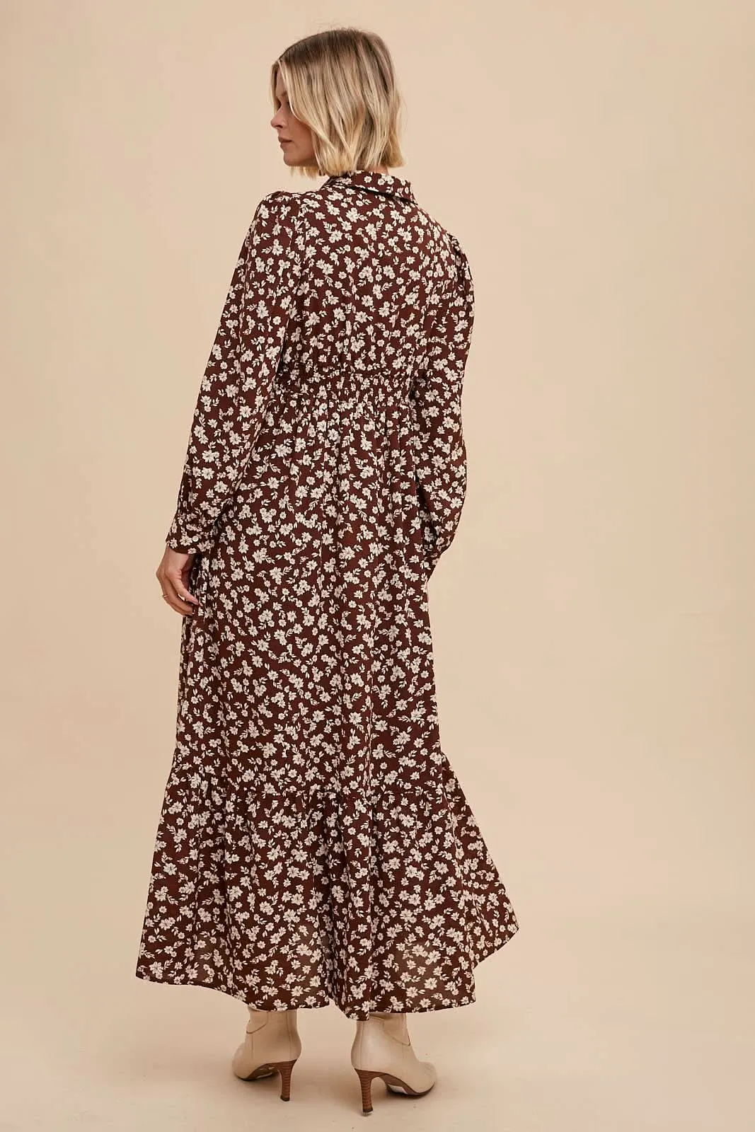 Mocha Floral Collar Button Down Maxi Dress