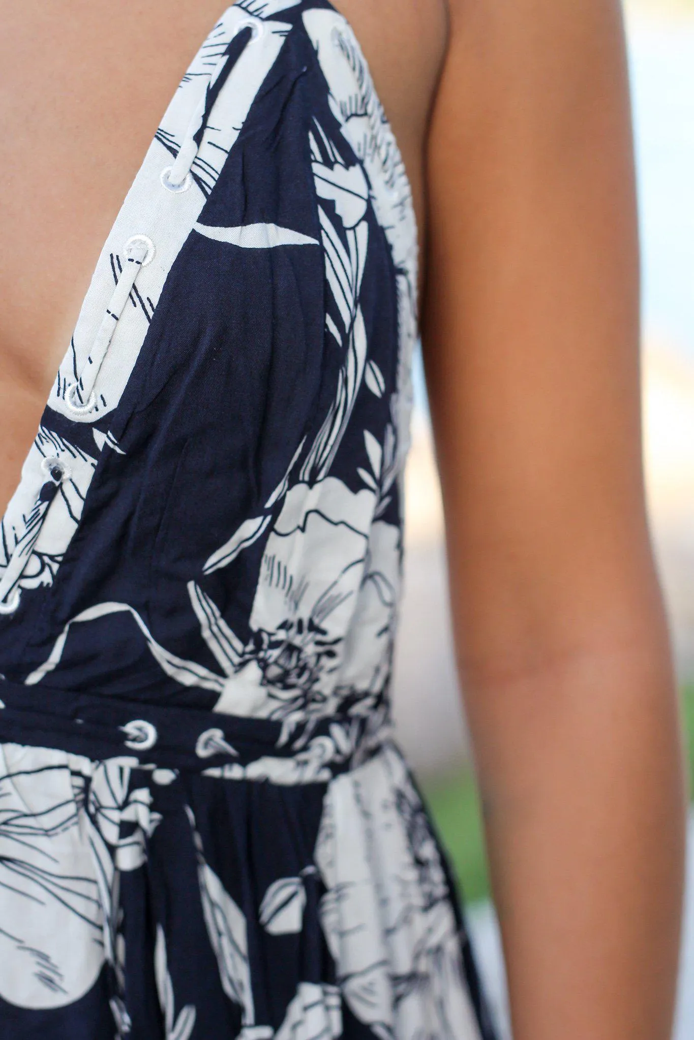 Navy and White Floral Maxi Dress with Criss Cross Back