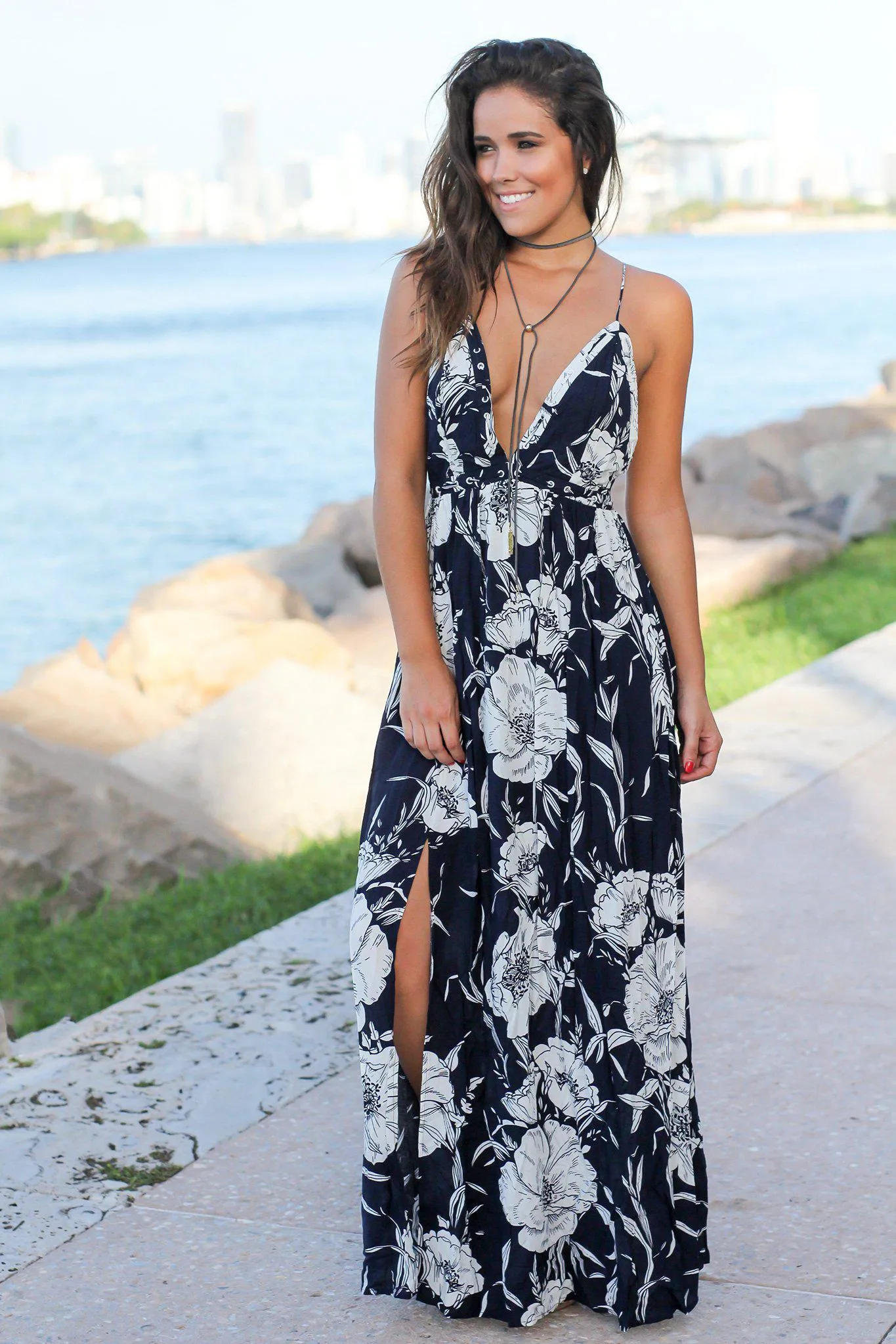 Navy and White Floral Maxi Dress with Criss Cross Back