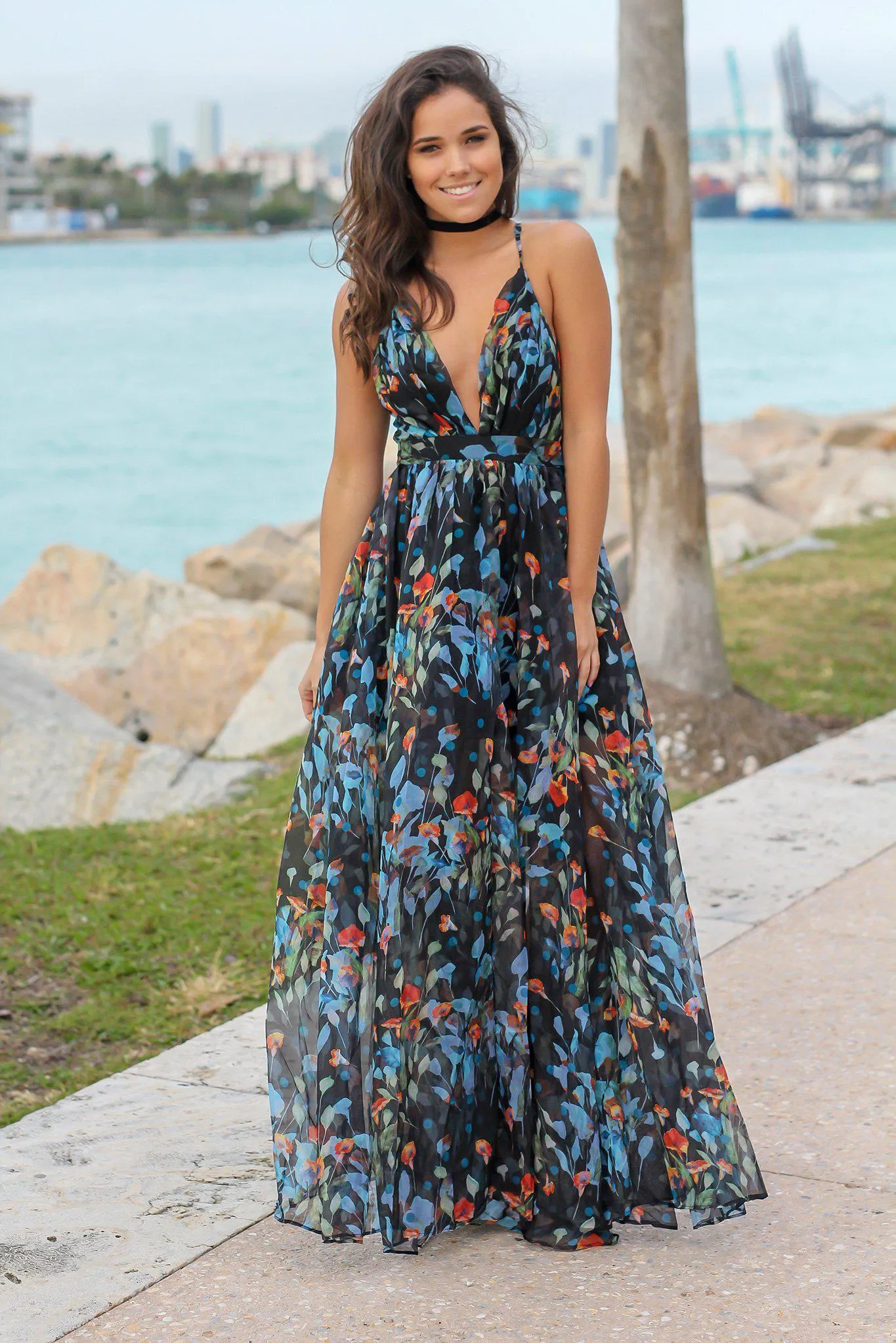 Navy Floral Maxi Dress with Criss Cross Back