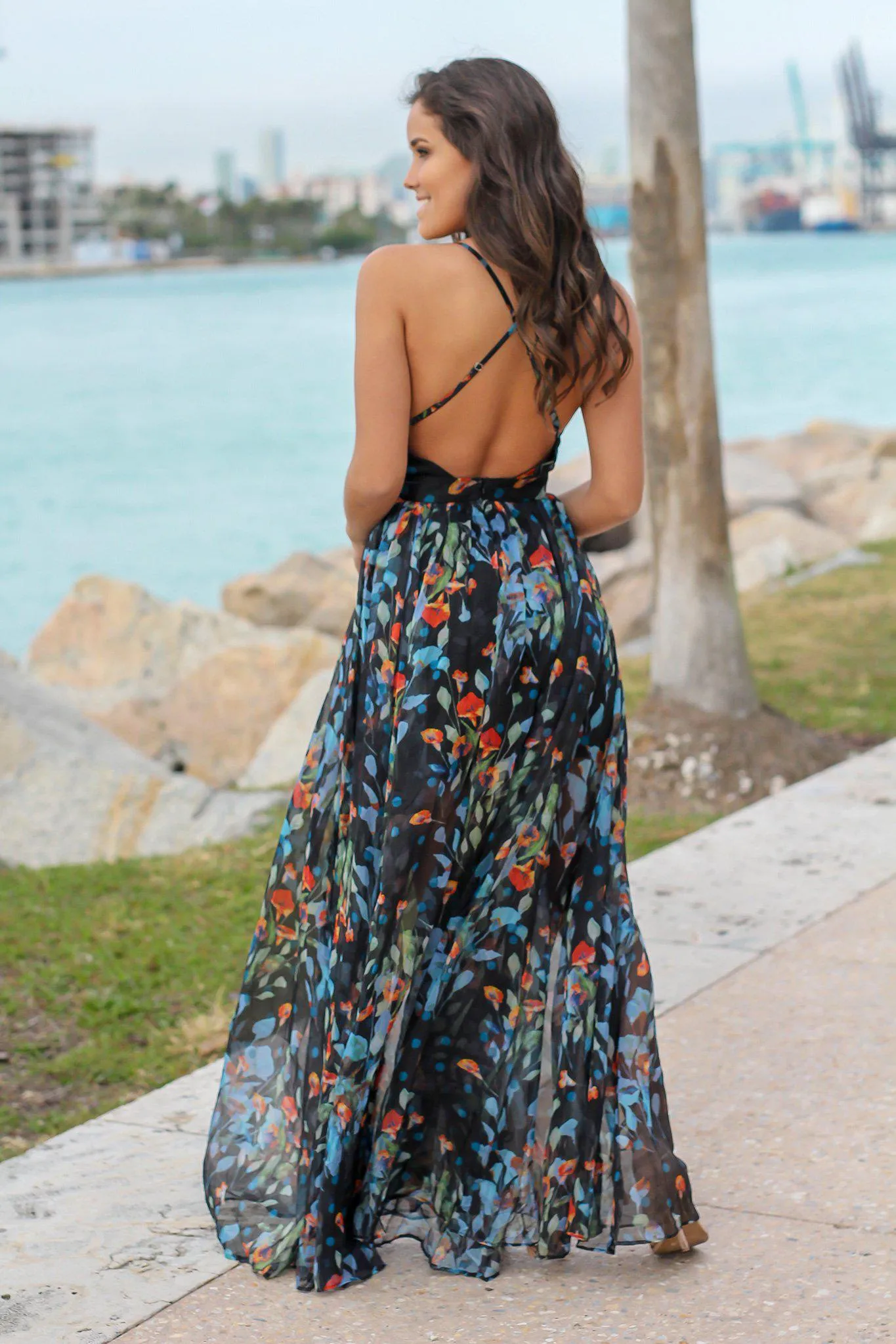 Navy Floral Maxi Dress with Criss Cross Back