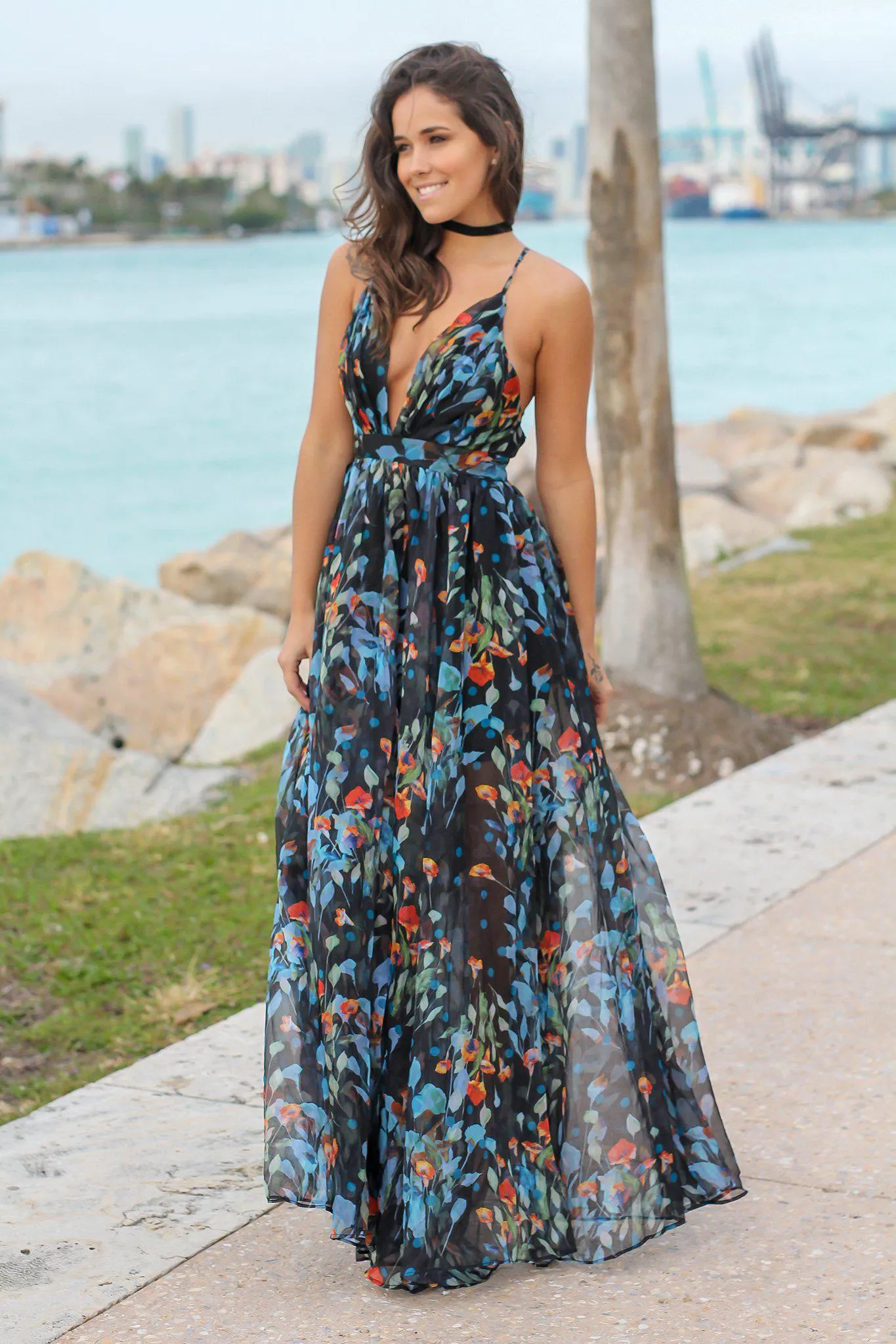 Navy Floral Maxi Dress with Criss Cross Back