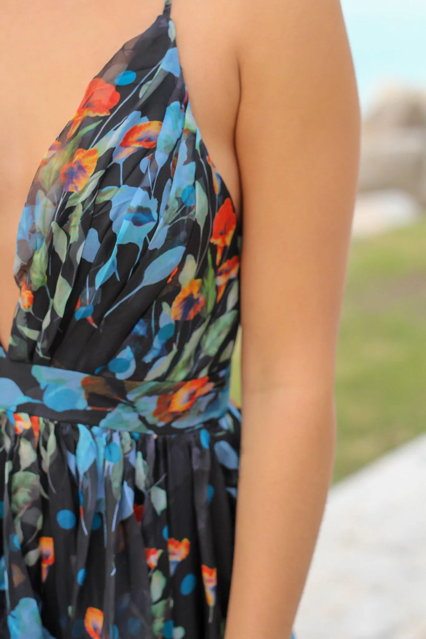 Navy Floral Maxi Dress with Criss Cross Back