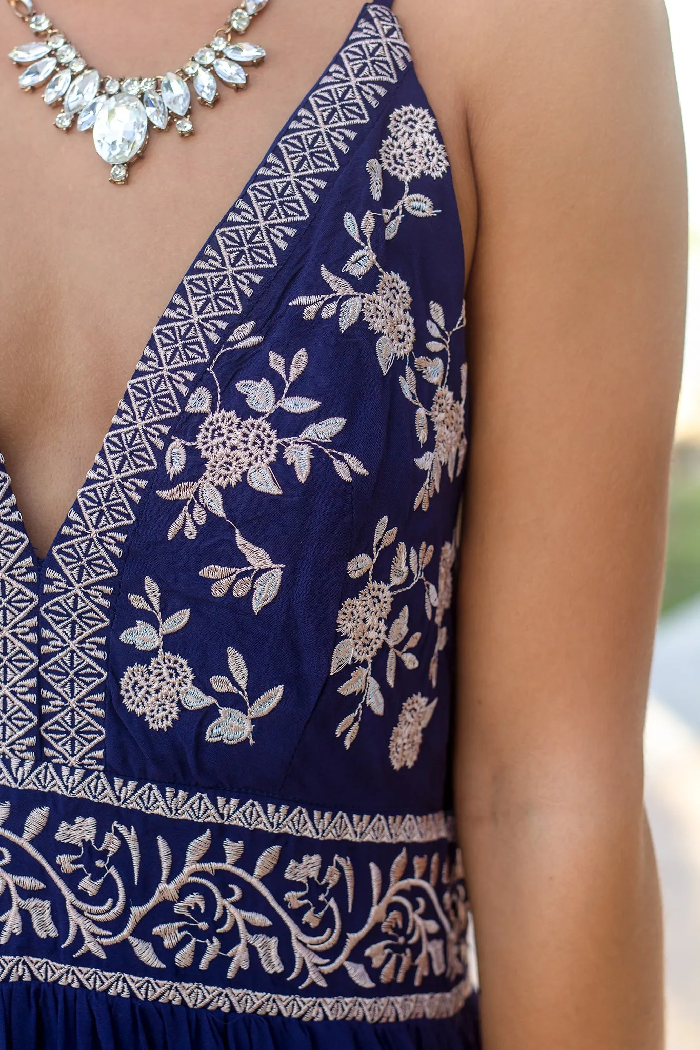 Navy Maxi Dress with Floral Embroidered Top