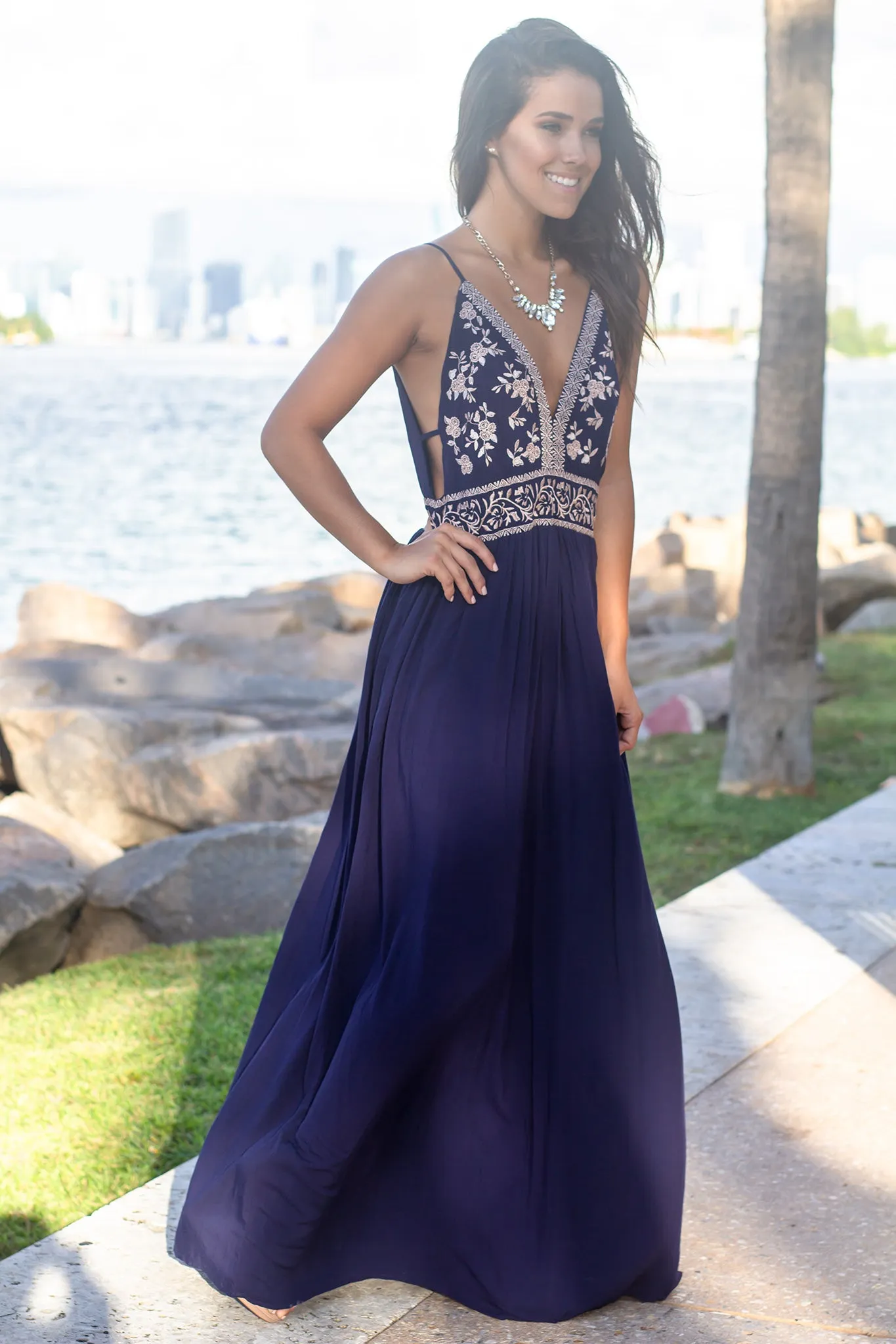 Navy Maxi Dress with Floral Embroidered Top