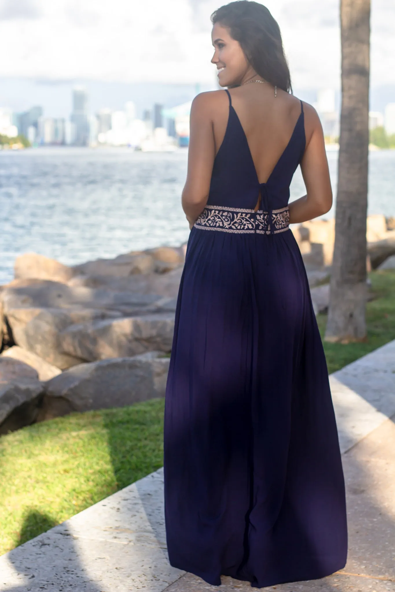 Navy Maxi Dress with Floral Embroidered Top