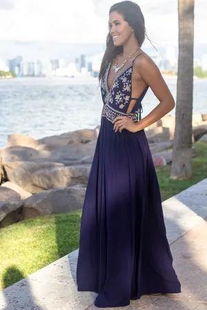 Navy Maxi Dress with Floral Embroidered Top