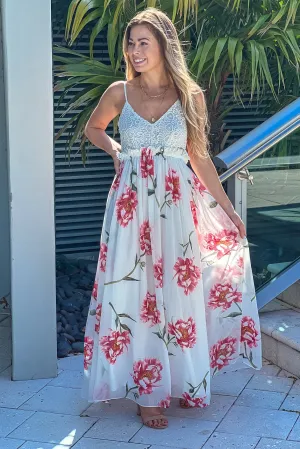 Off White Floral Crochet Top Maxi Dress With Open Back