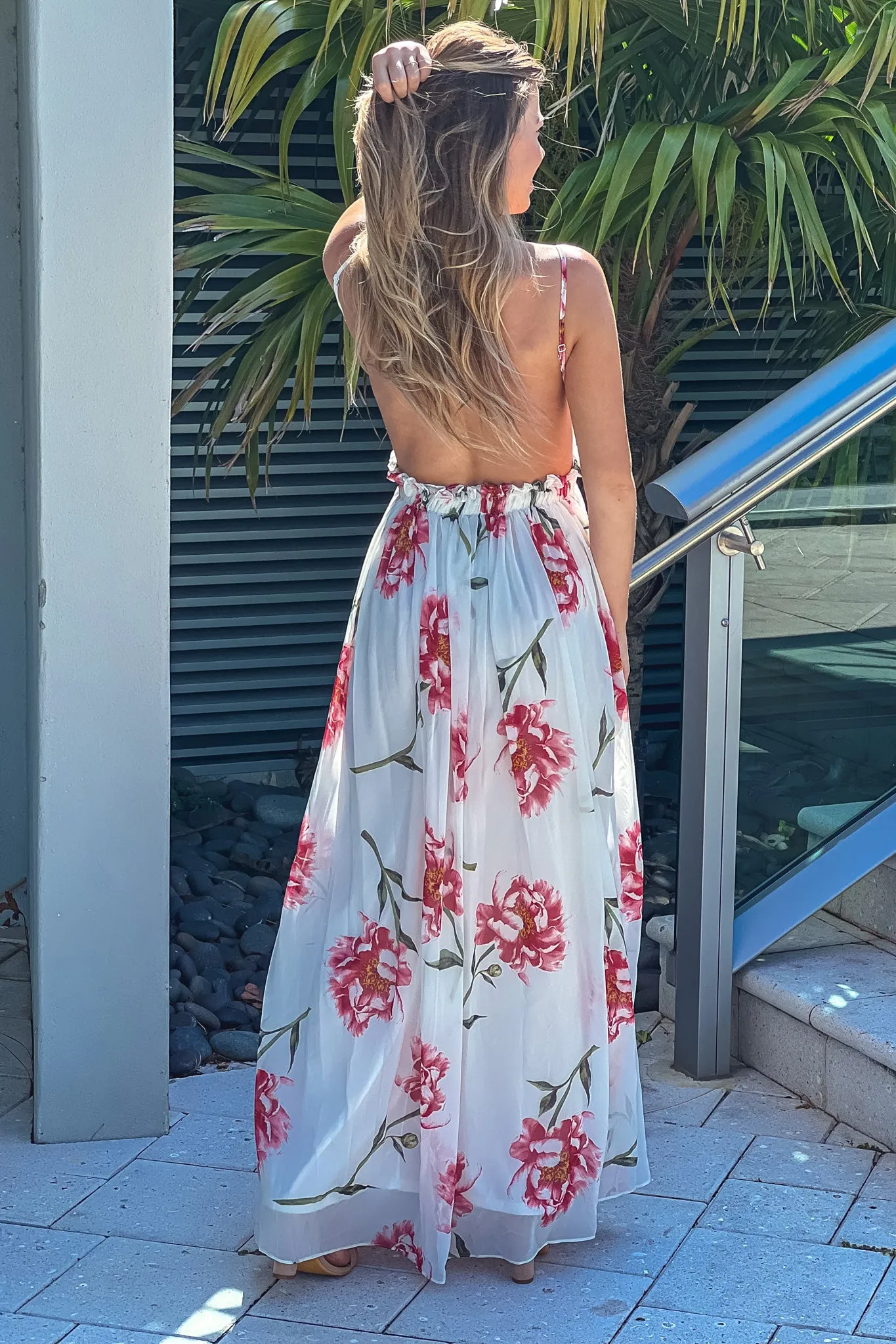 Off White Floral Crochet Top Maxi Dress With Open Back