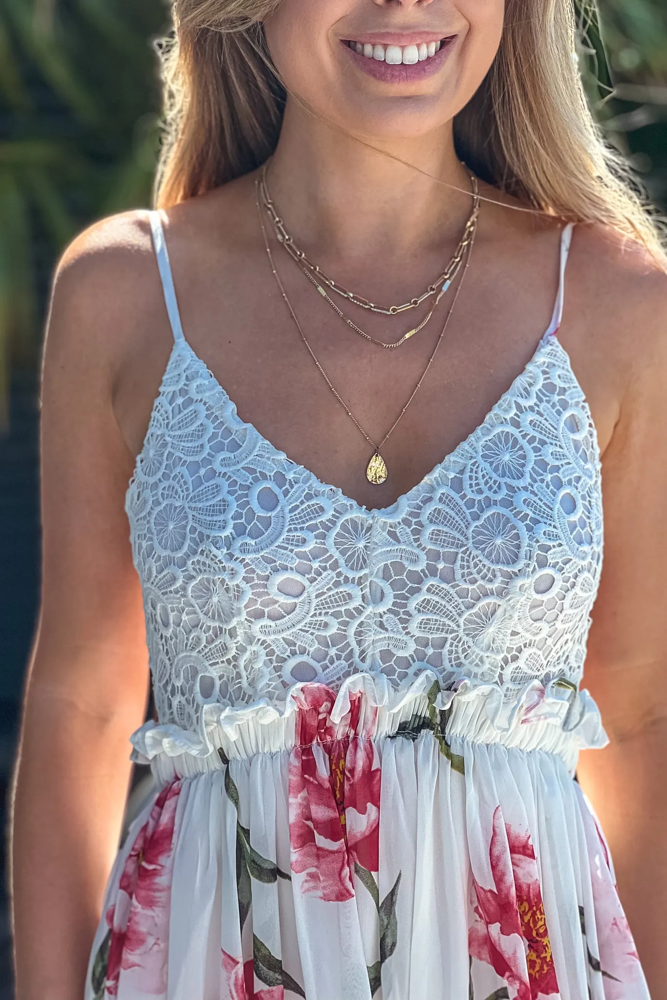 Off White Floral Crochet Top Maxi Dress With Open Back