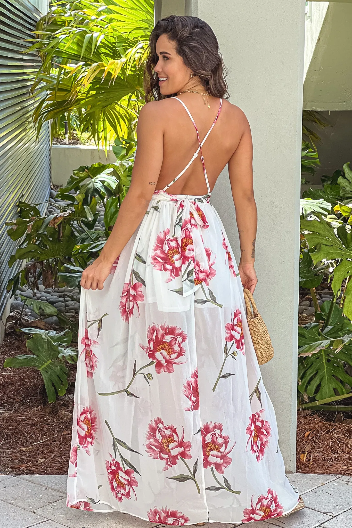 Off White Floral V-Neck Maxi Dress With Criss Cross Back