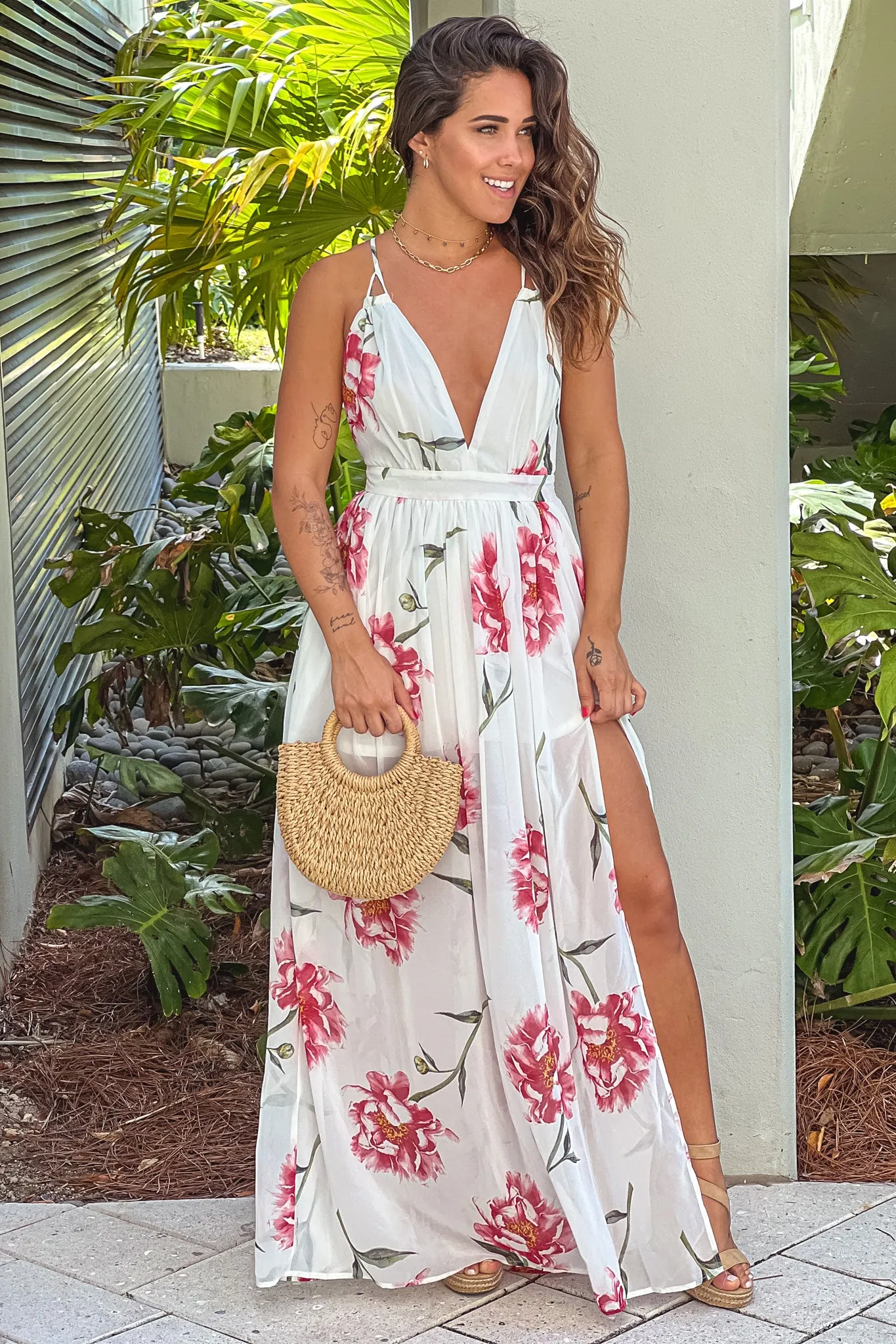 Off White Floral V-Neck Maxi Dress With Criss Cross Back