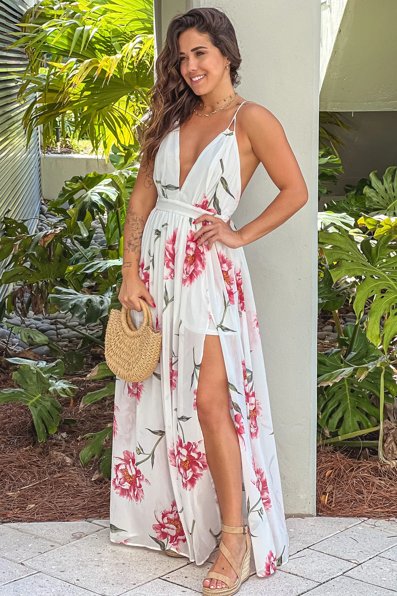 Off White Floral V-Neck Maxi Dress With Criss Cross Back