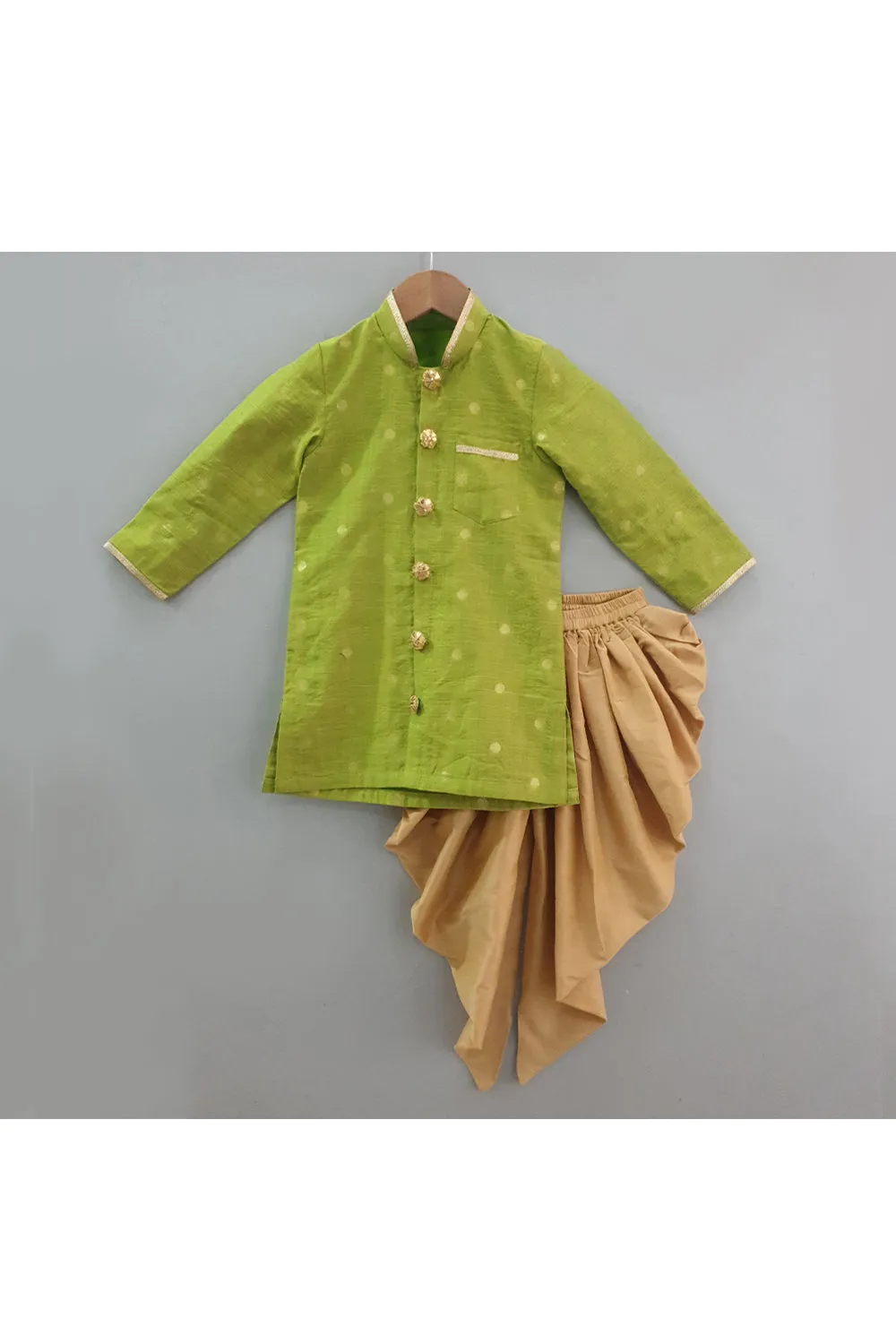 Parrot green banarasi polka dot printed kurta with beige dhoti