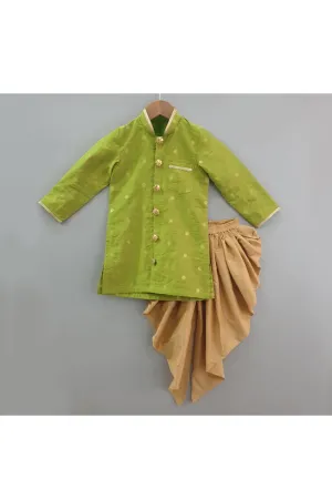 Parrot green banarasi polka dot printed kurta with beige dhoti