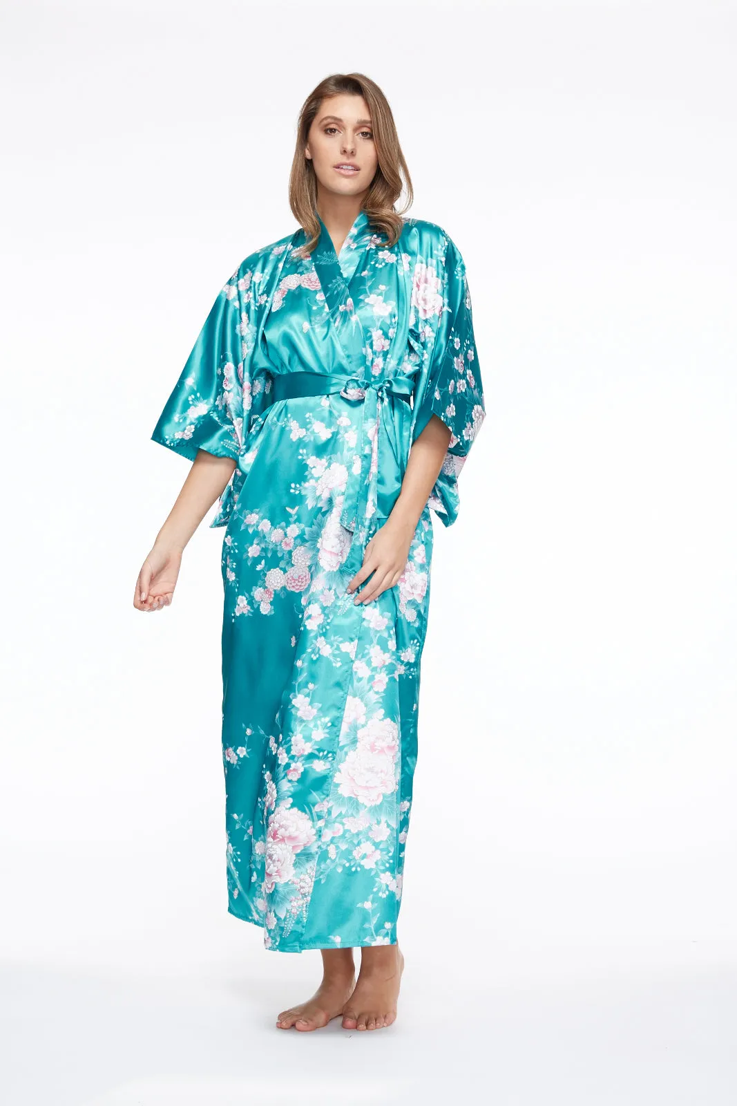 Peony & Iris Long Satin Kimono