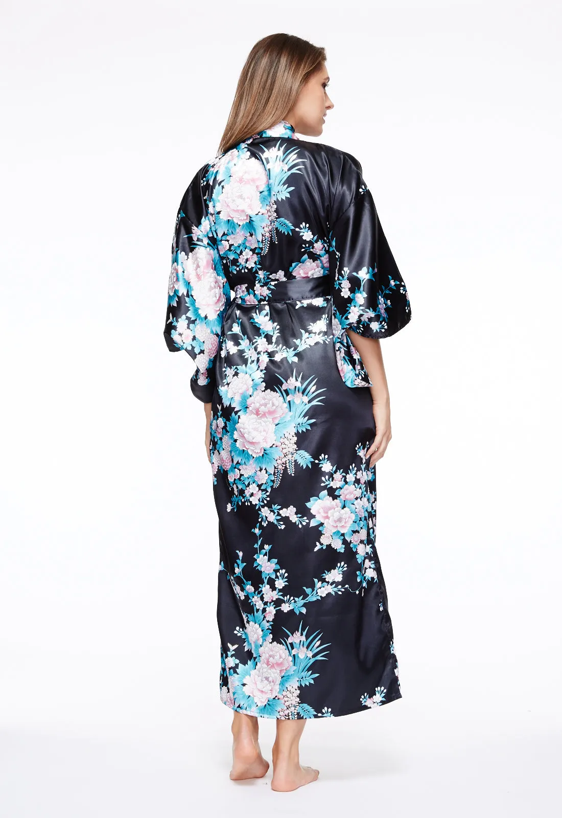 Peony & Iris Long Satin Kimono