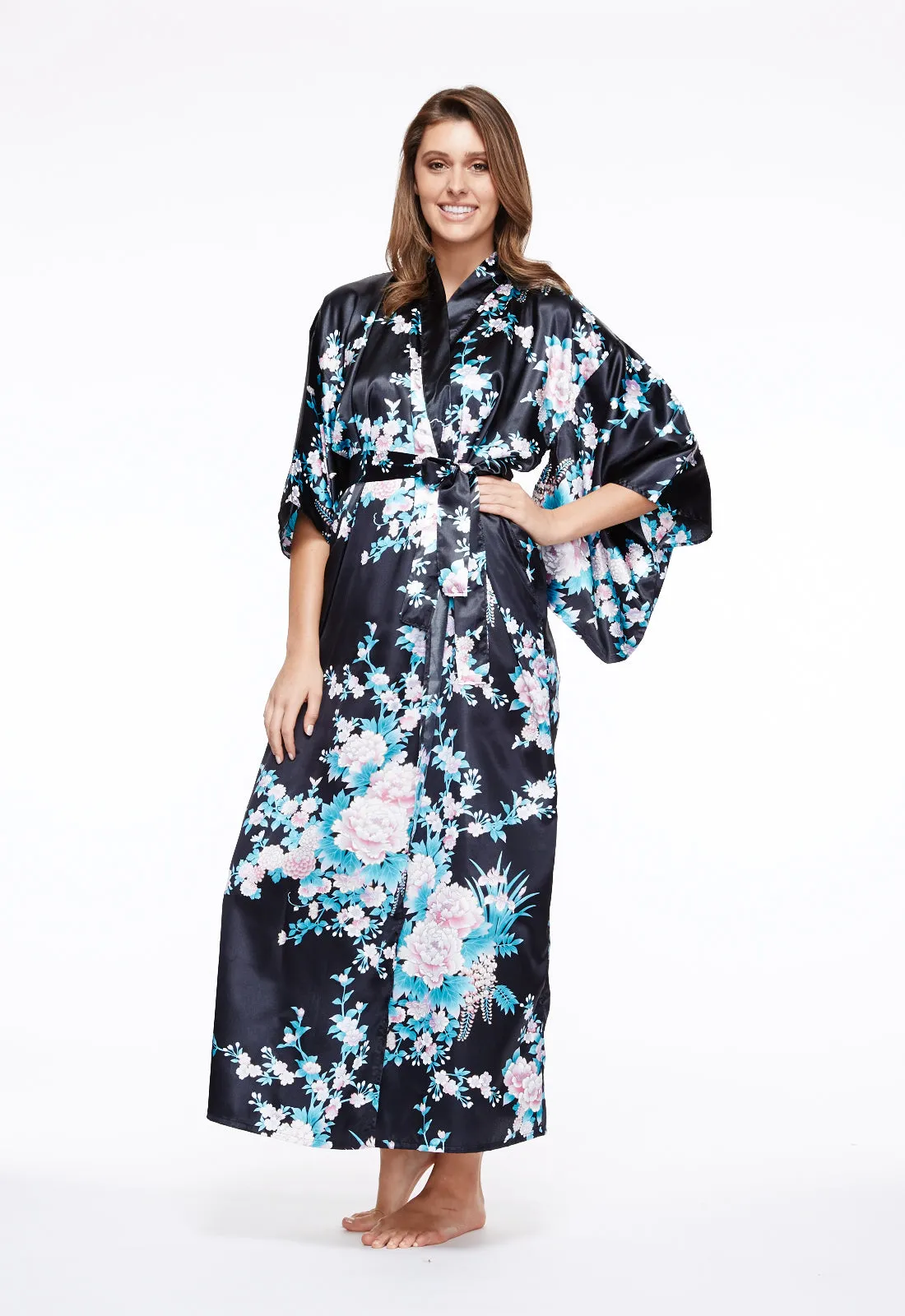 Peony & Iris Long Satin Kimono