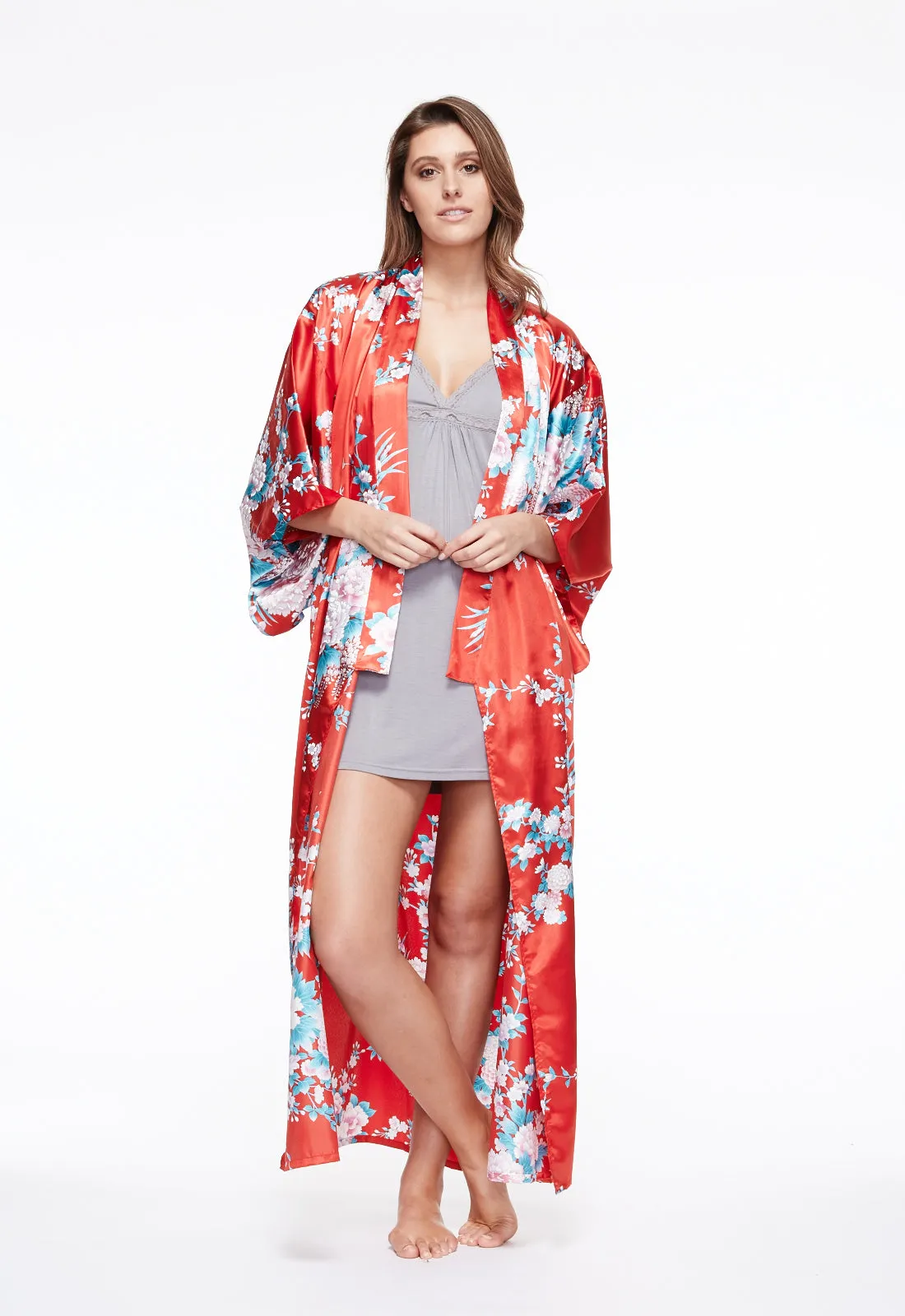 Peony & Iris Long Satin Kimono