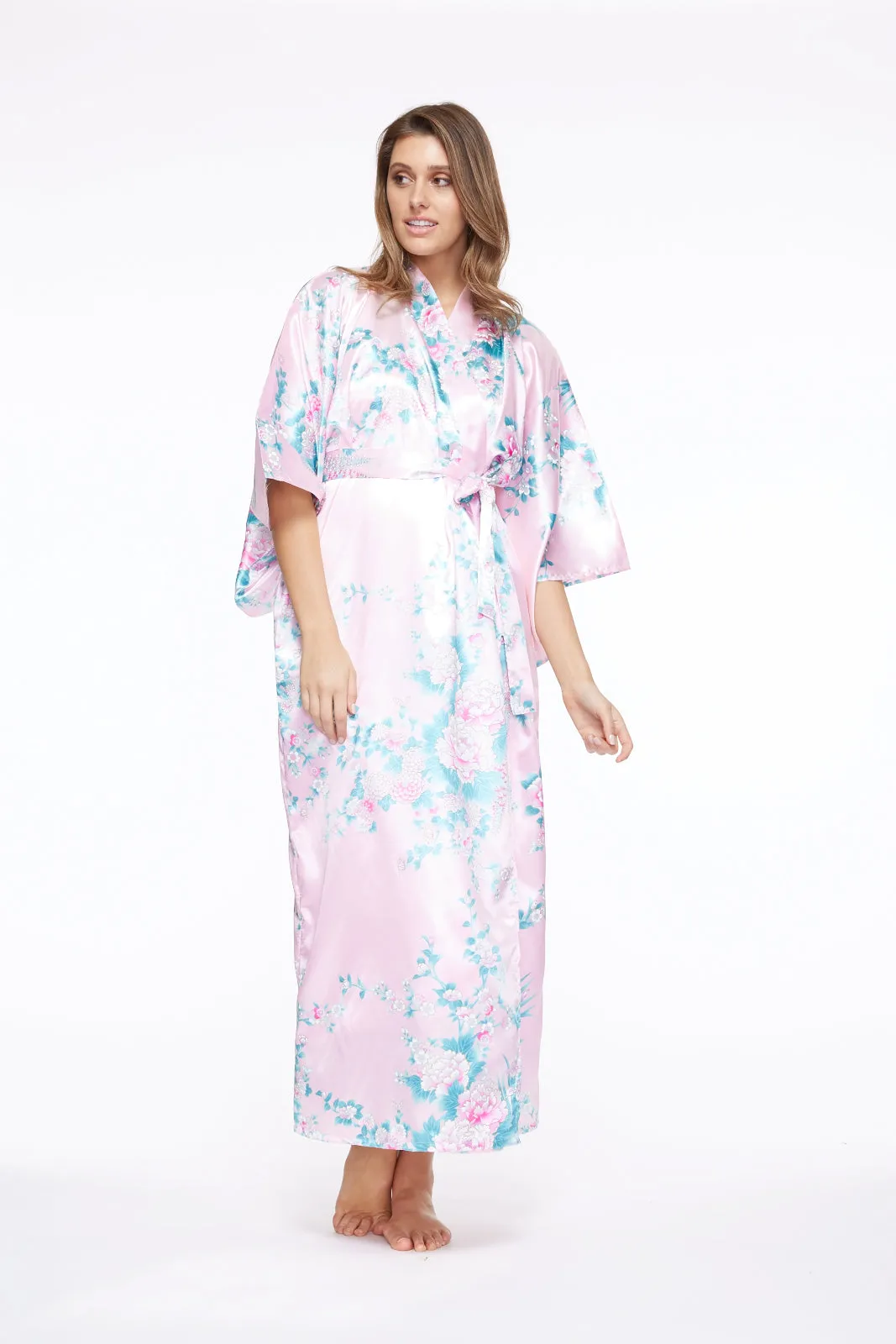 Peony & Iris Long Satin Kimono