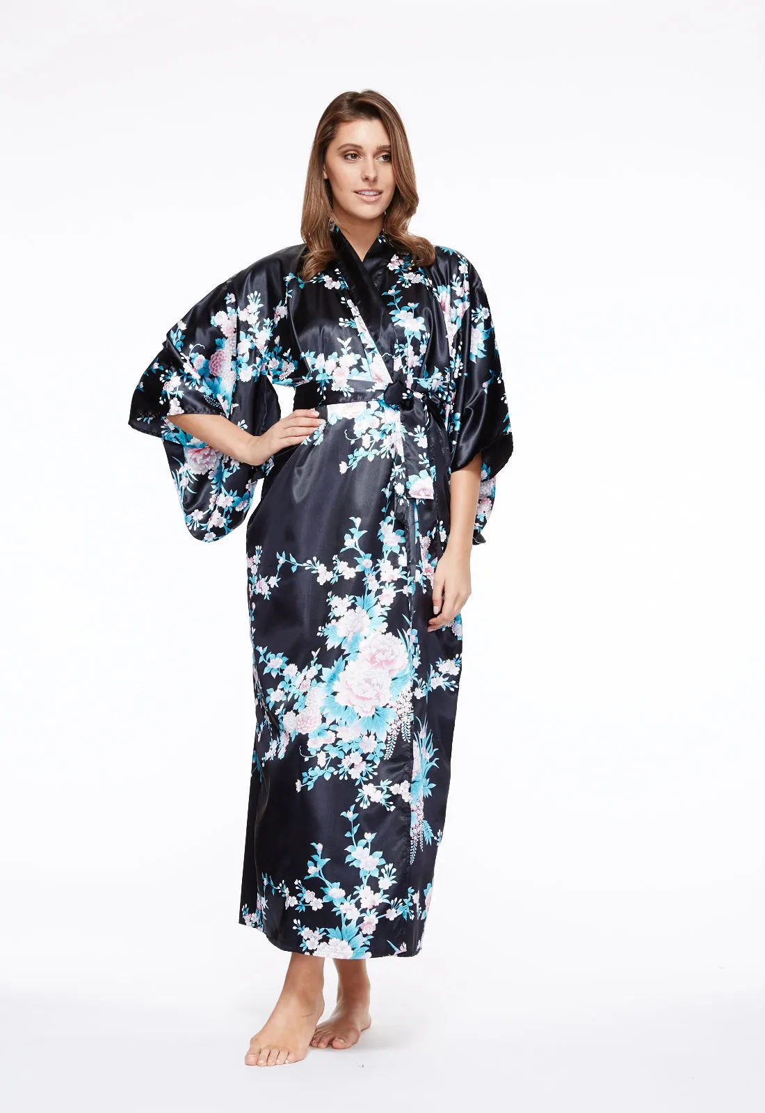 Peony & Iris Long Satin Kimono