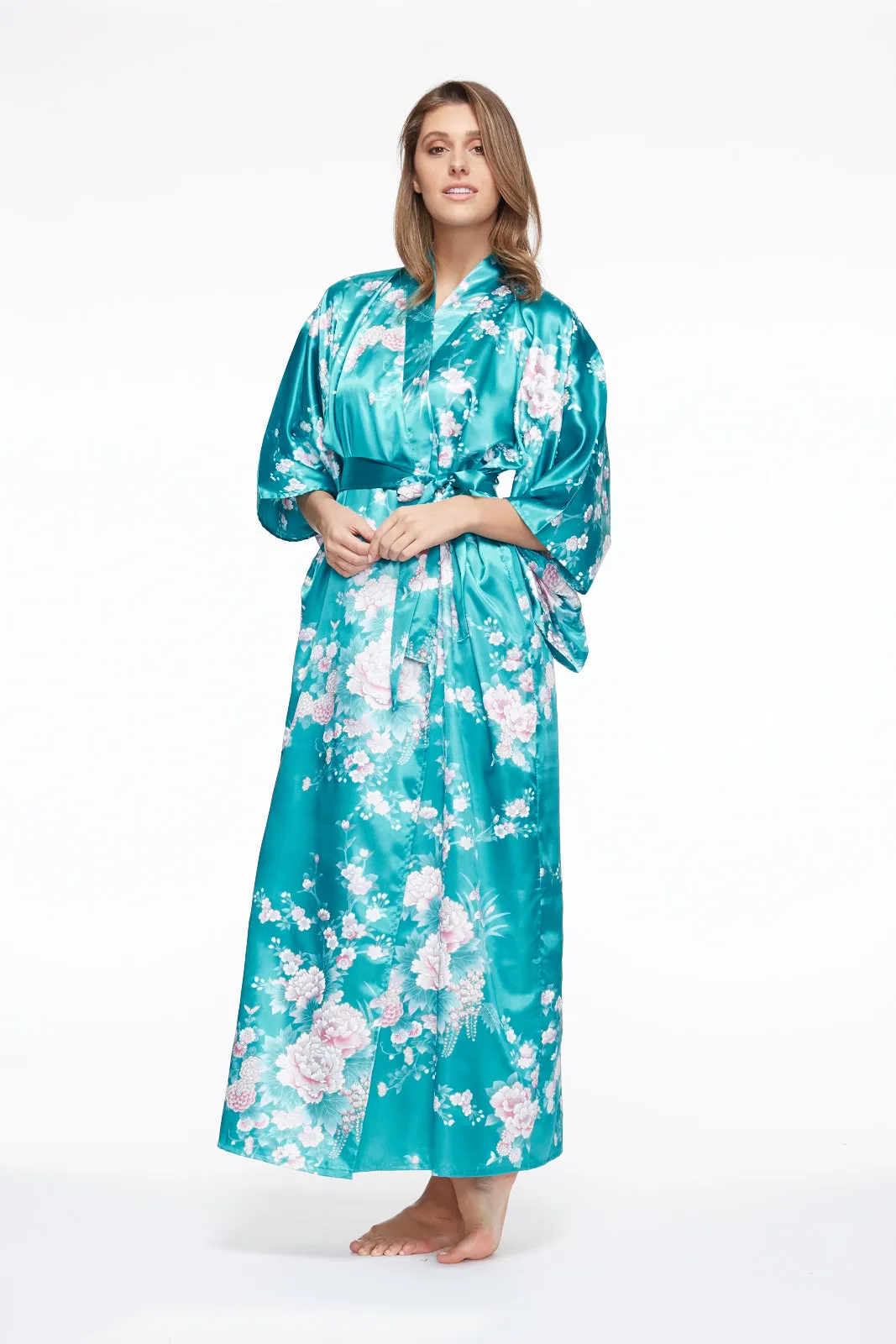 Peony & Iris Long Satin Kimono