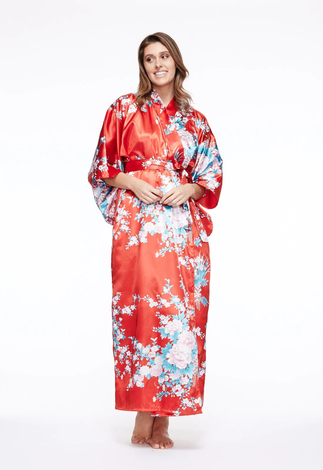 Peony & Iris Long Satin Kimono