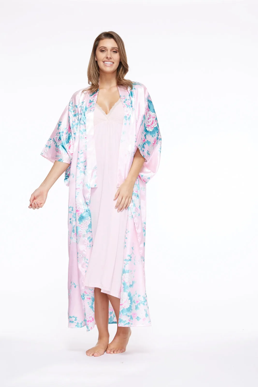 Peony & Iris Long Satin Kimono