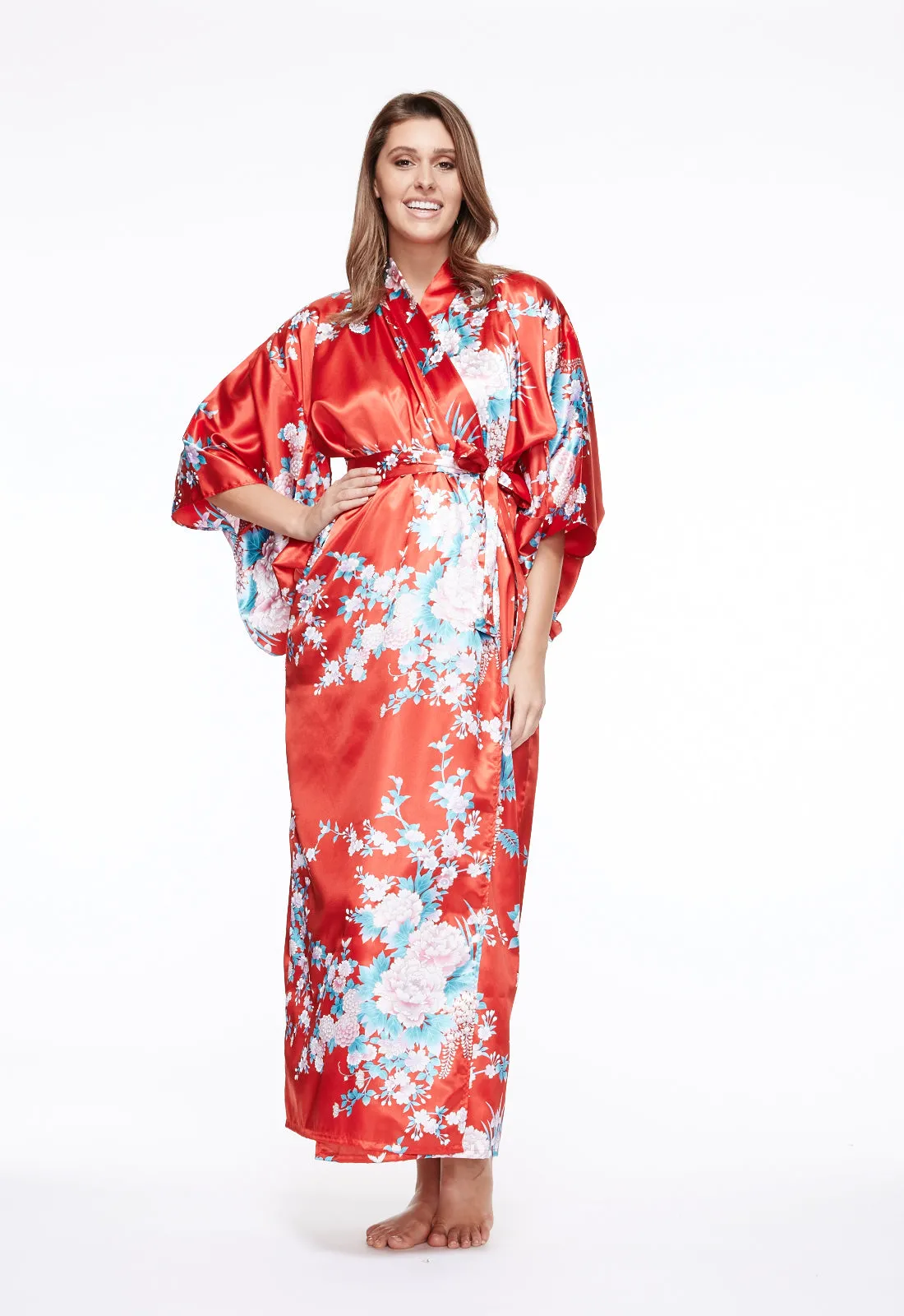 Peony & Iris Long Satin Kimono