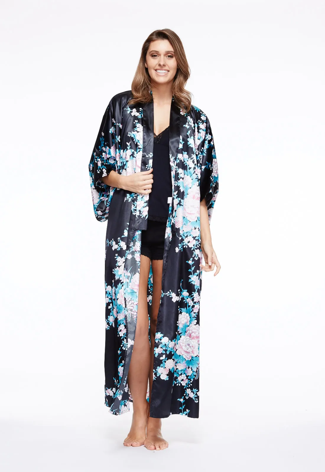 Peony & Iris Long Satin Kimono