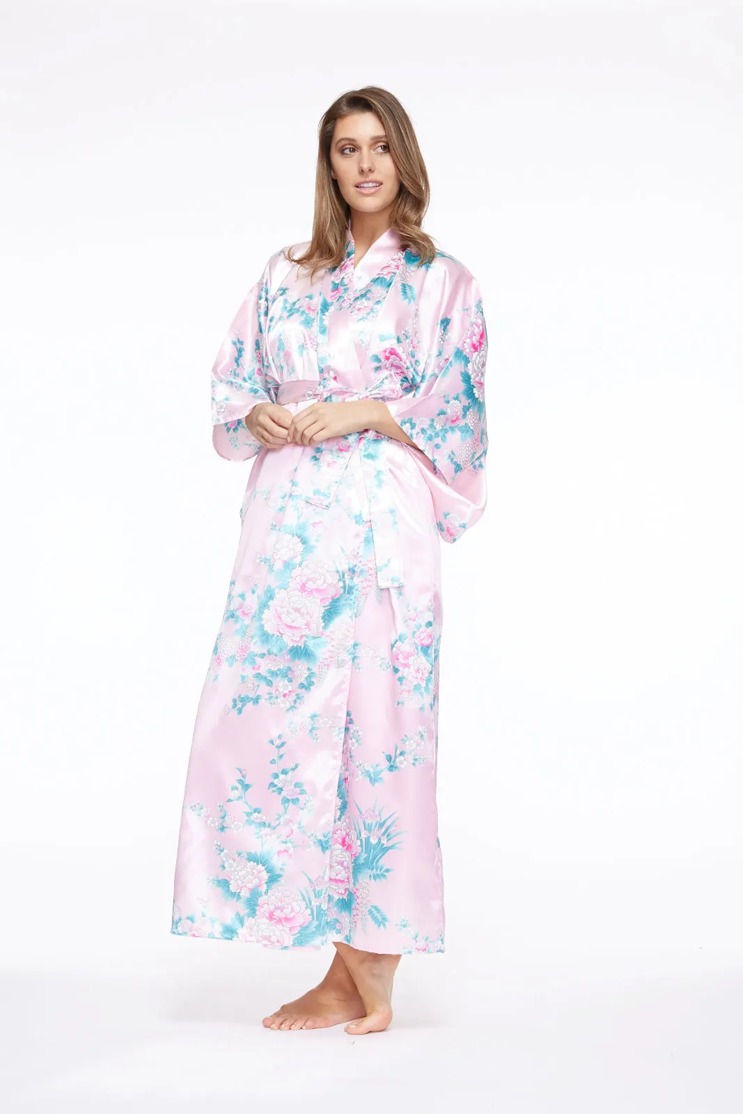 Peony & Iris Long Satin Kimono