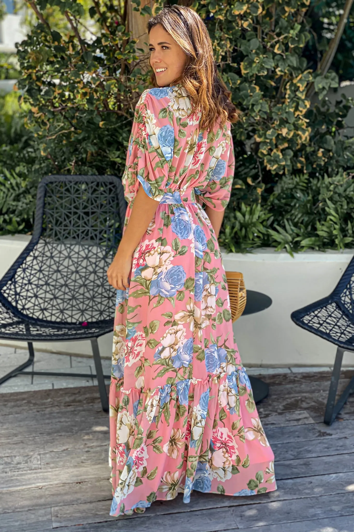 Pink Floral Dolman Sleeves Maxi Dress