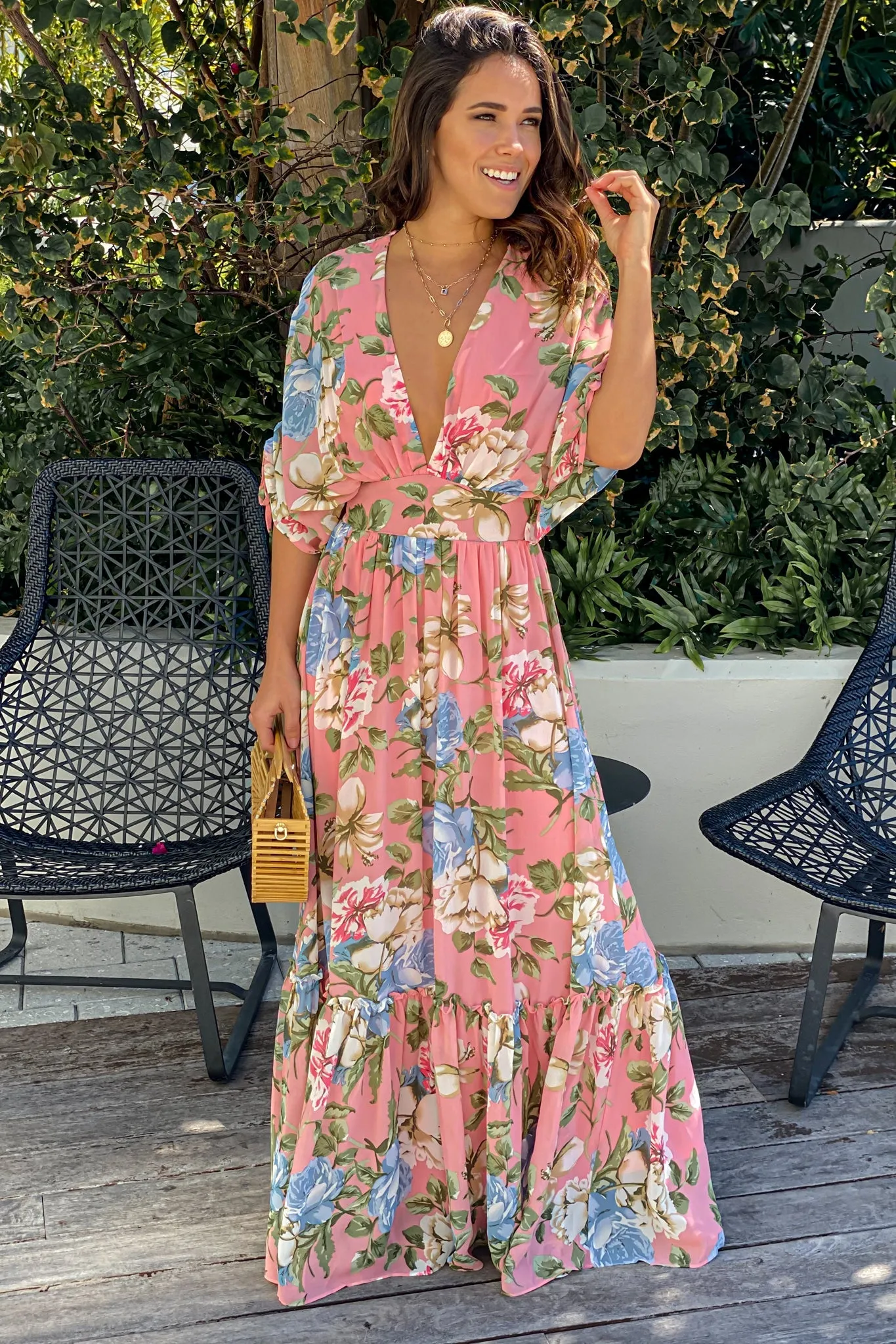 Pink Floral Dolman Sleeves Maxi Dress