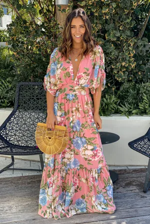 Pink Floral Dolman Sleeves Maxi Dress