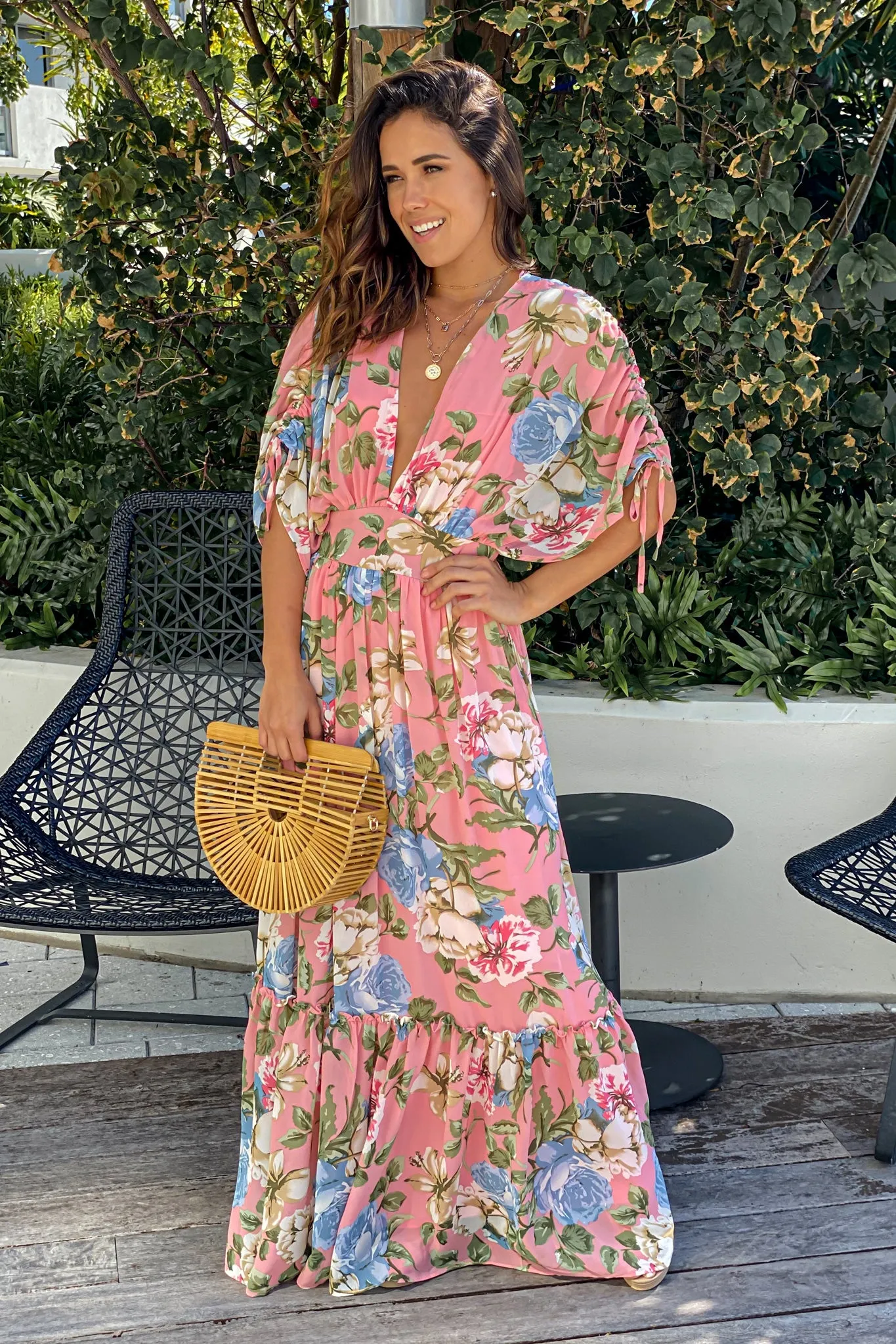 Pink Floral Dolman Sleeves Maxi Dress