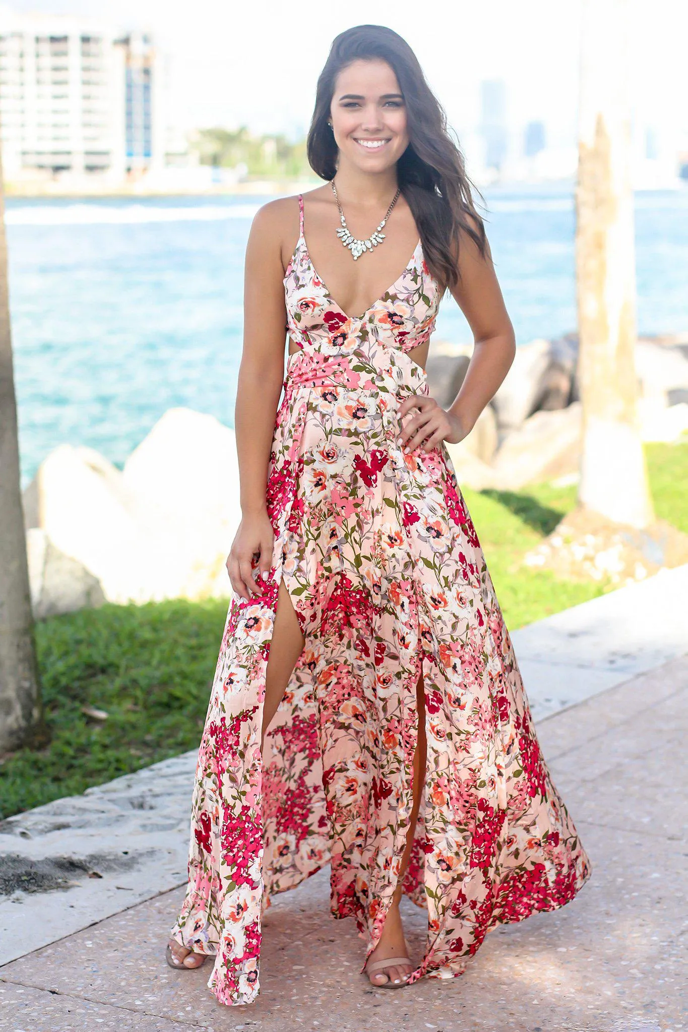 Pink Floral Maxi Dress with Cut Outs