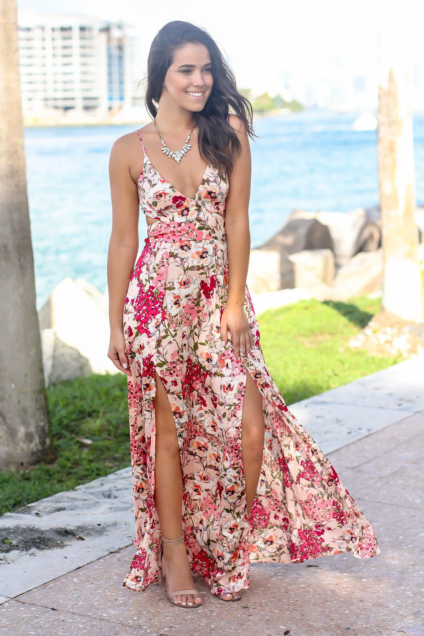 Pink Floral Maxi Dress with Cut Outs