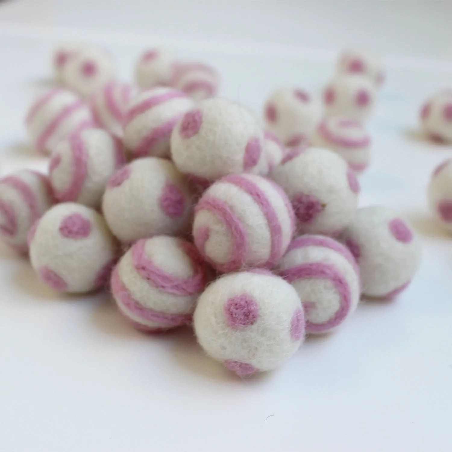 Pink On White Polka Dot Swirl Felt Balls