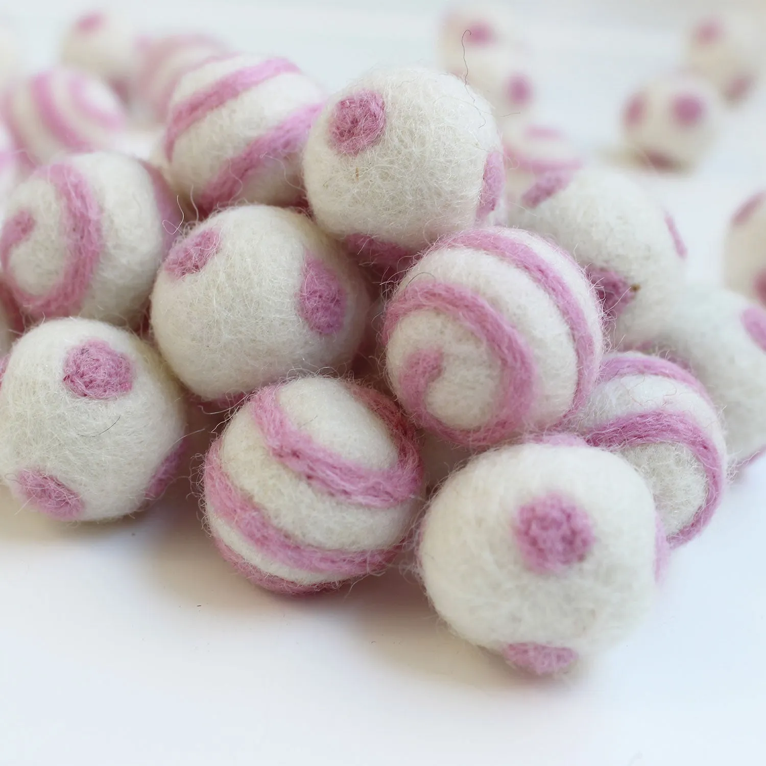 Pink On White Polka Dot Swirl Felt Balls