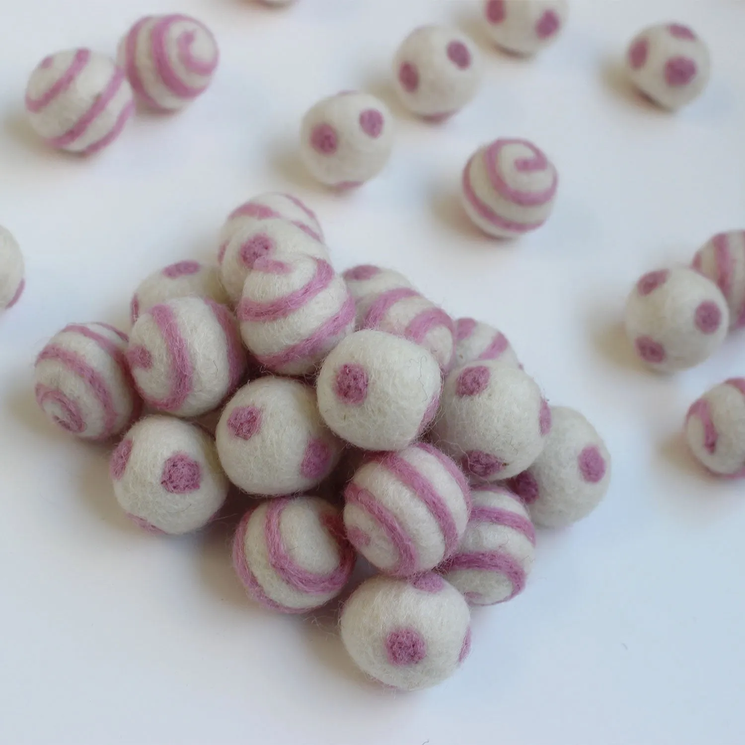 Pink On White Polka Dot Swirl Felt Balls