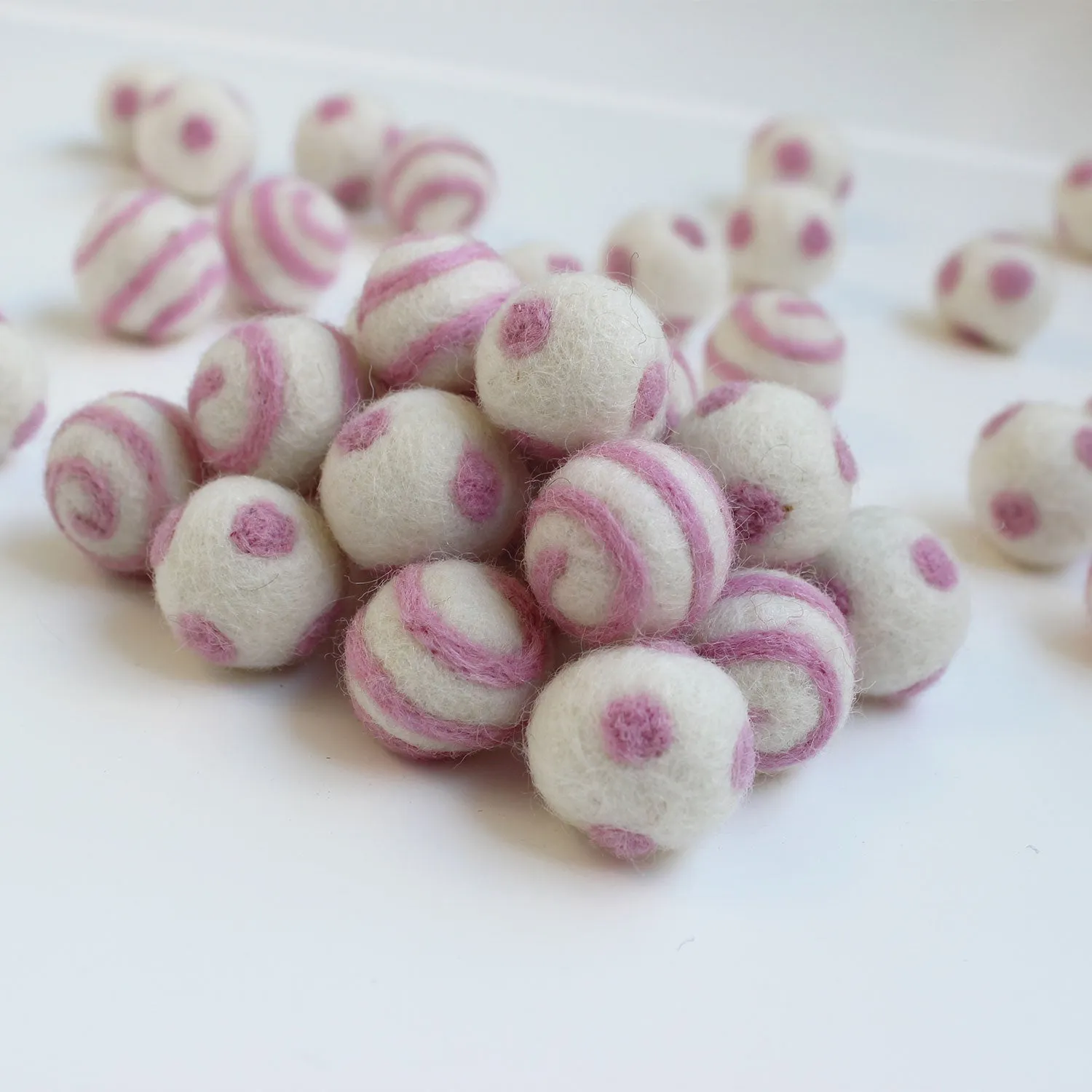 Pink On White Polka Dot Swirl Felt Balls