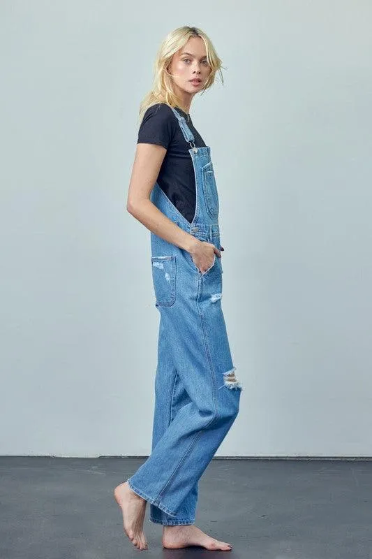 Pocket Patched Ripped Denim Overalls