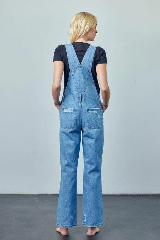 Pocket Patched Ripped Denim Overalls