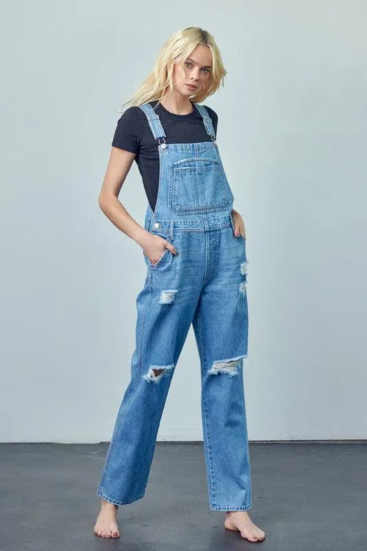 Pocket Patched Ripped Denim Overalls